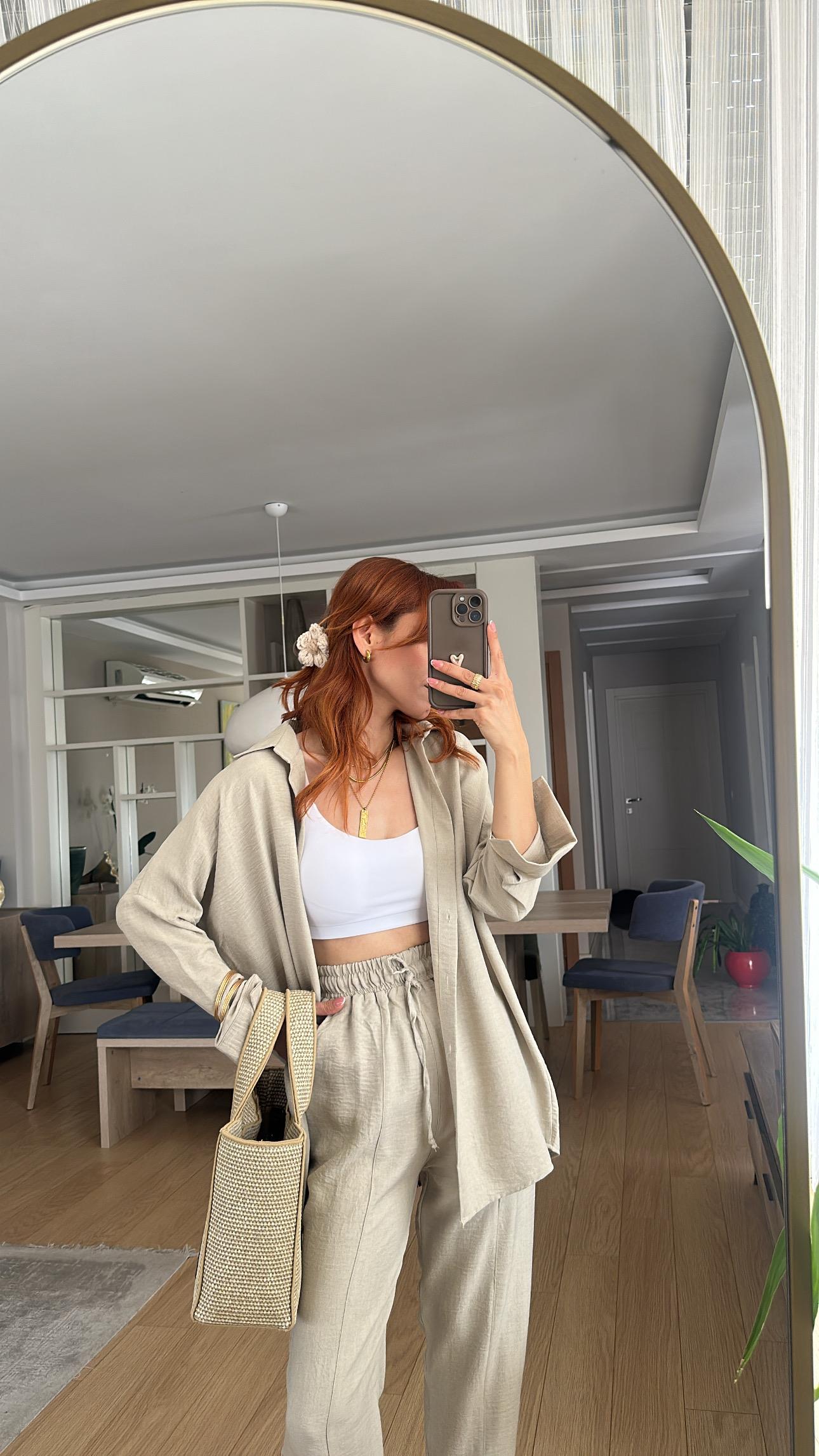 Bej  Bel Lastik Pantolon Gömlek Takım 