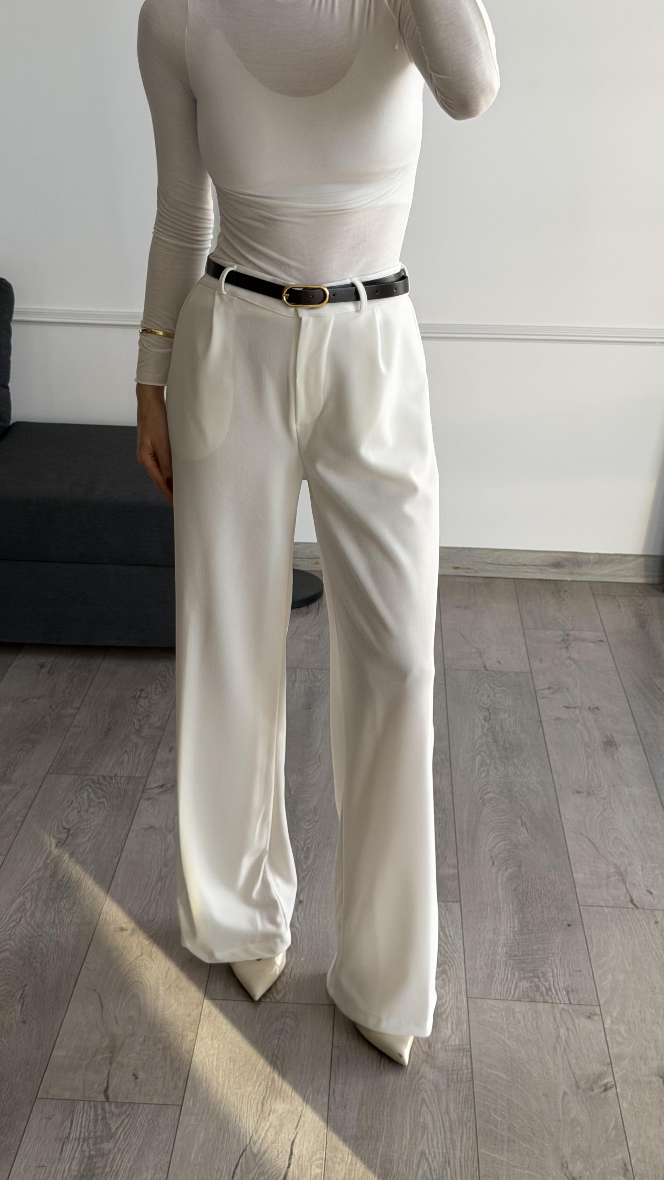 Beyaz  Beli Lastikli Kemerli Bol Pantolon