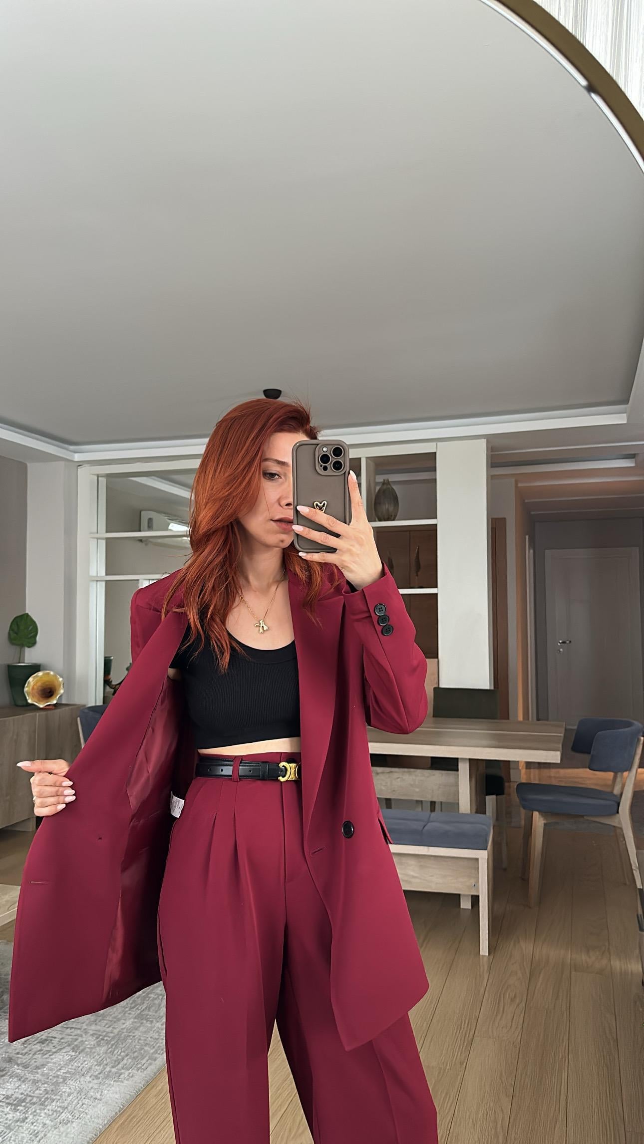 BORDO  PİLE DETAY PALAZZO PANTOLON  OVERSİZE  ASTARLI CEKET TAKIM ELBİSE 