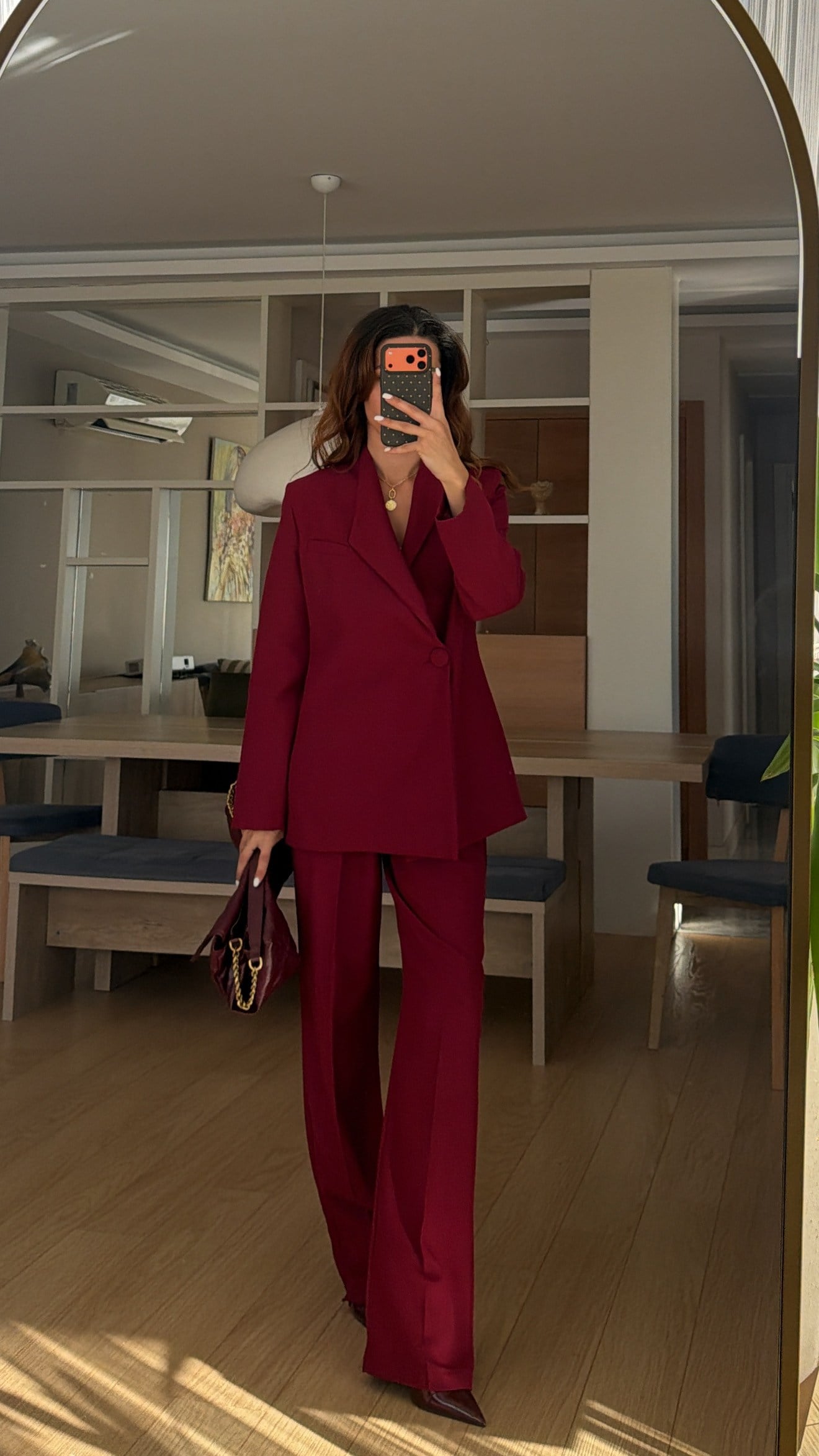Bordo Yan Düğme Ceket Pile Detay Palazzo Takım 