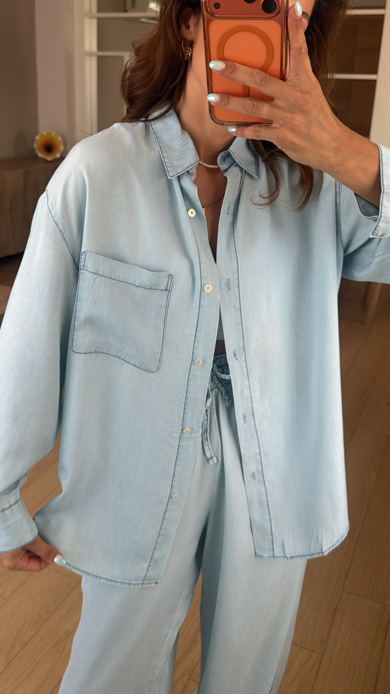 Buz Mavi Denim Tensel Gömlek Pantolon Takım 