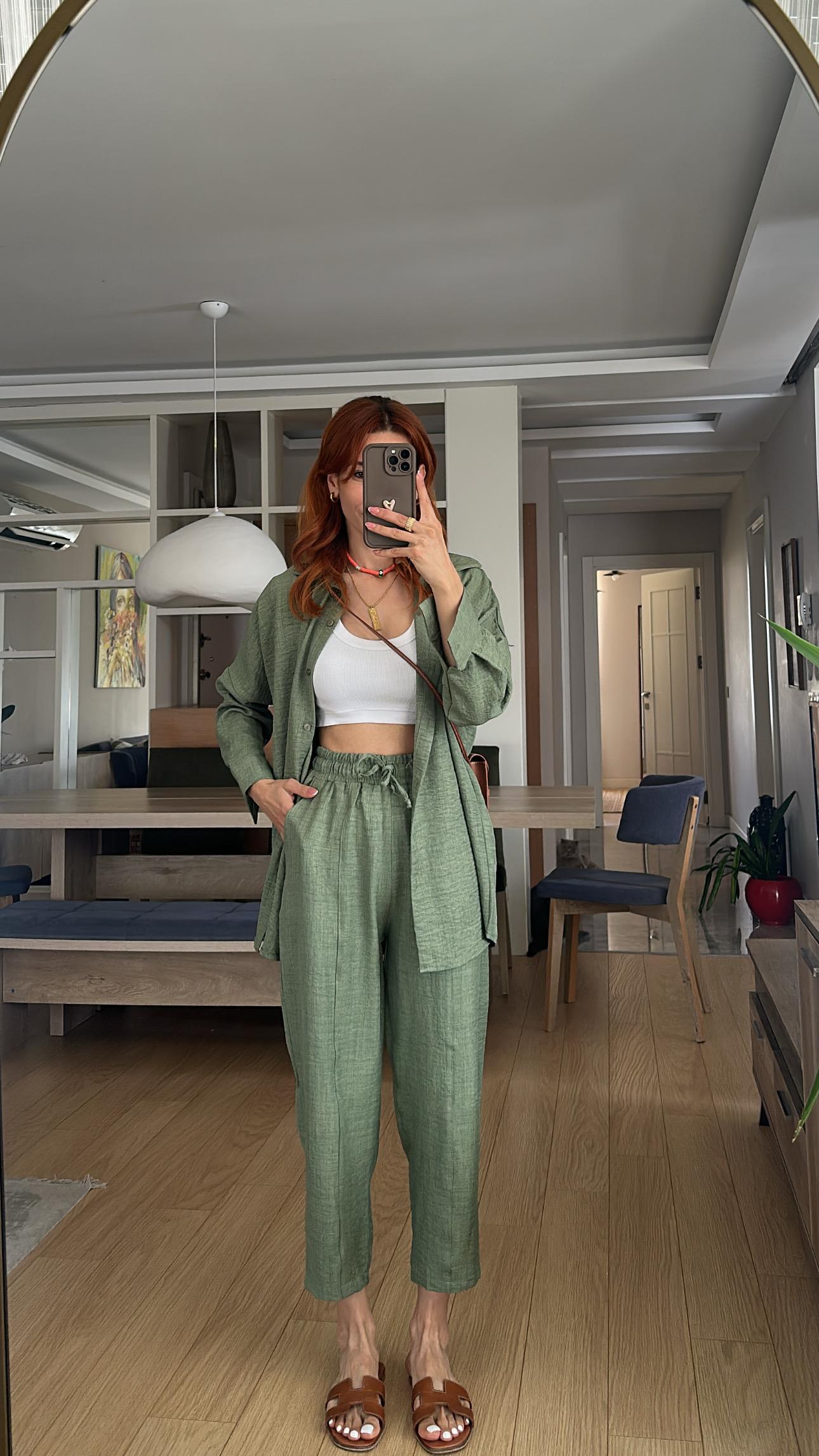 Çam Yeşili  Bel Lastik Pantolon Gömlek Takım 