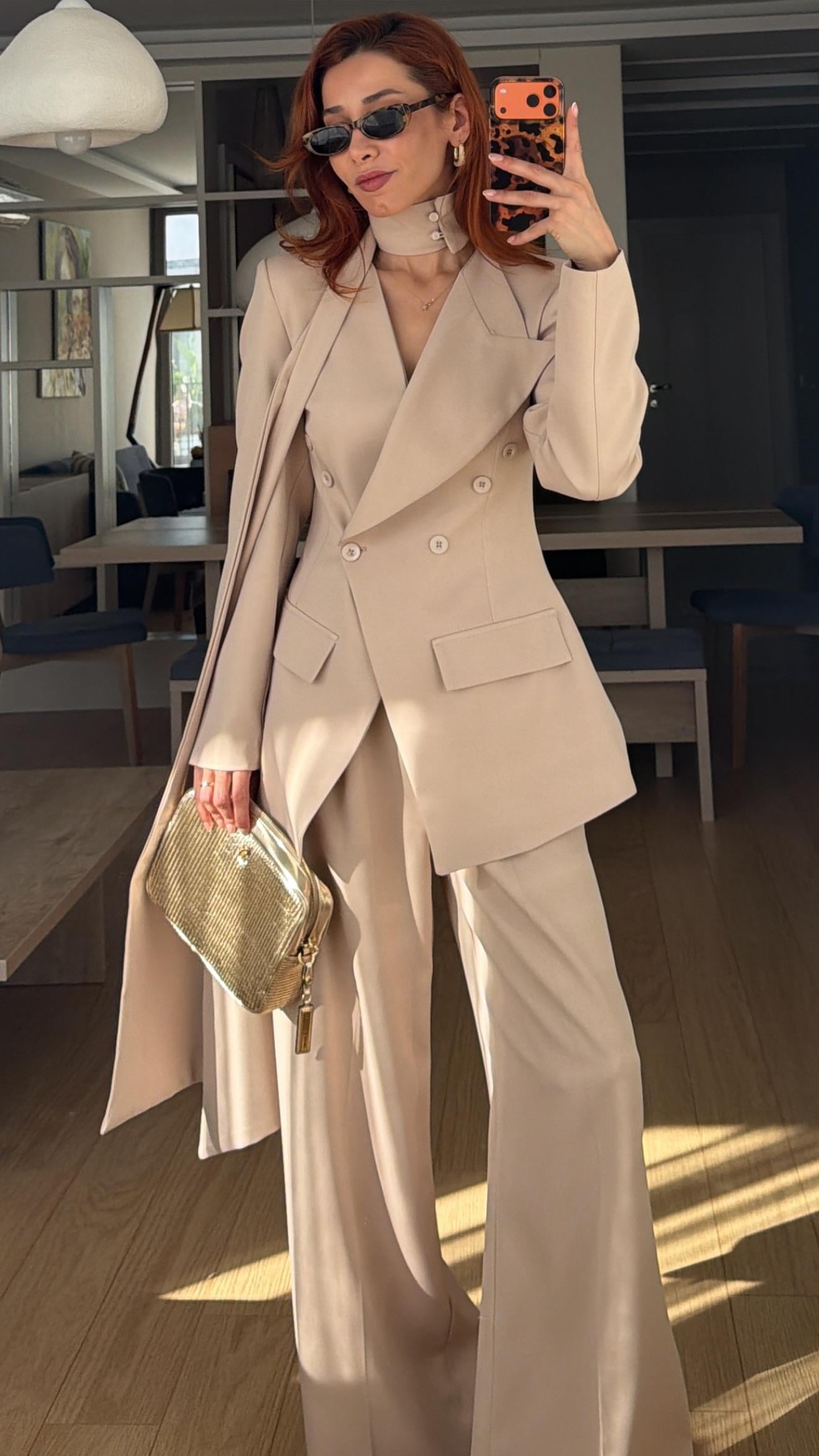 Cappuccino Belden Oturtma Ceket Palazzo Takım Şal Aksesuarlı 