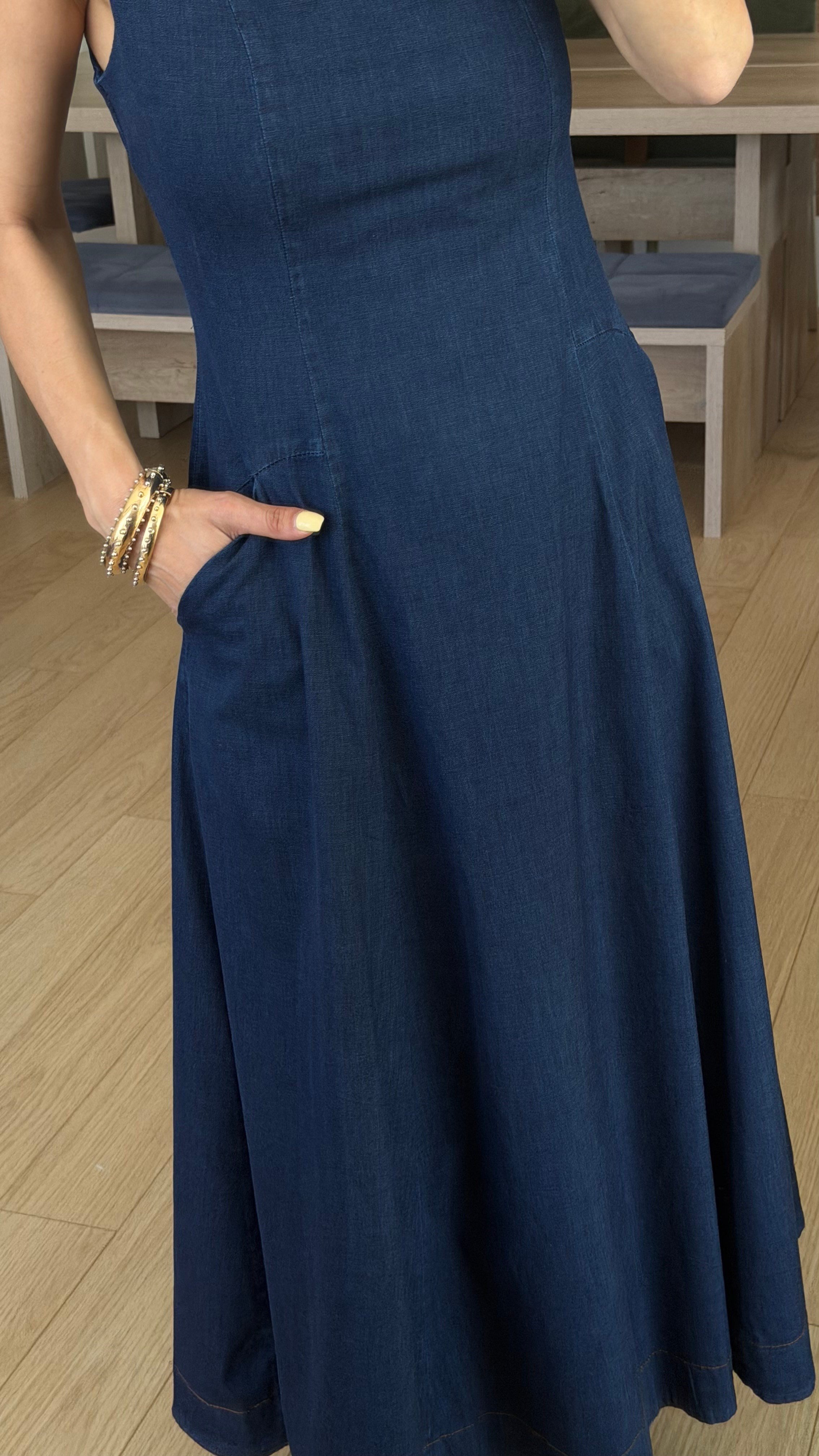 Denim Tensel Uzun Cepli Elbise