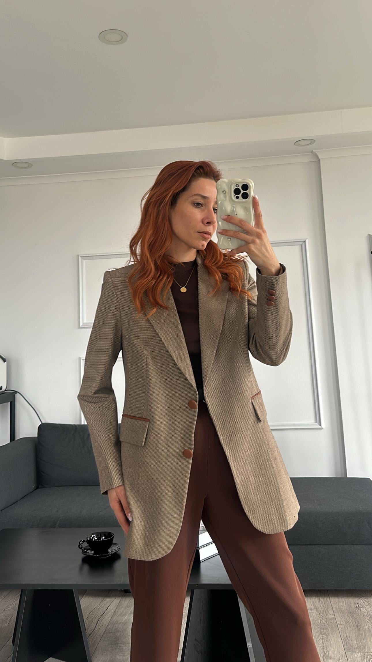 Deri Garnili Kalın Kumaş Astarlı Blazer Ceket