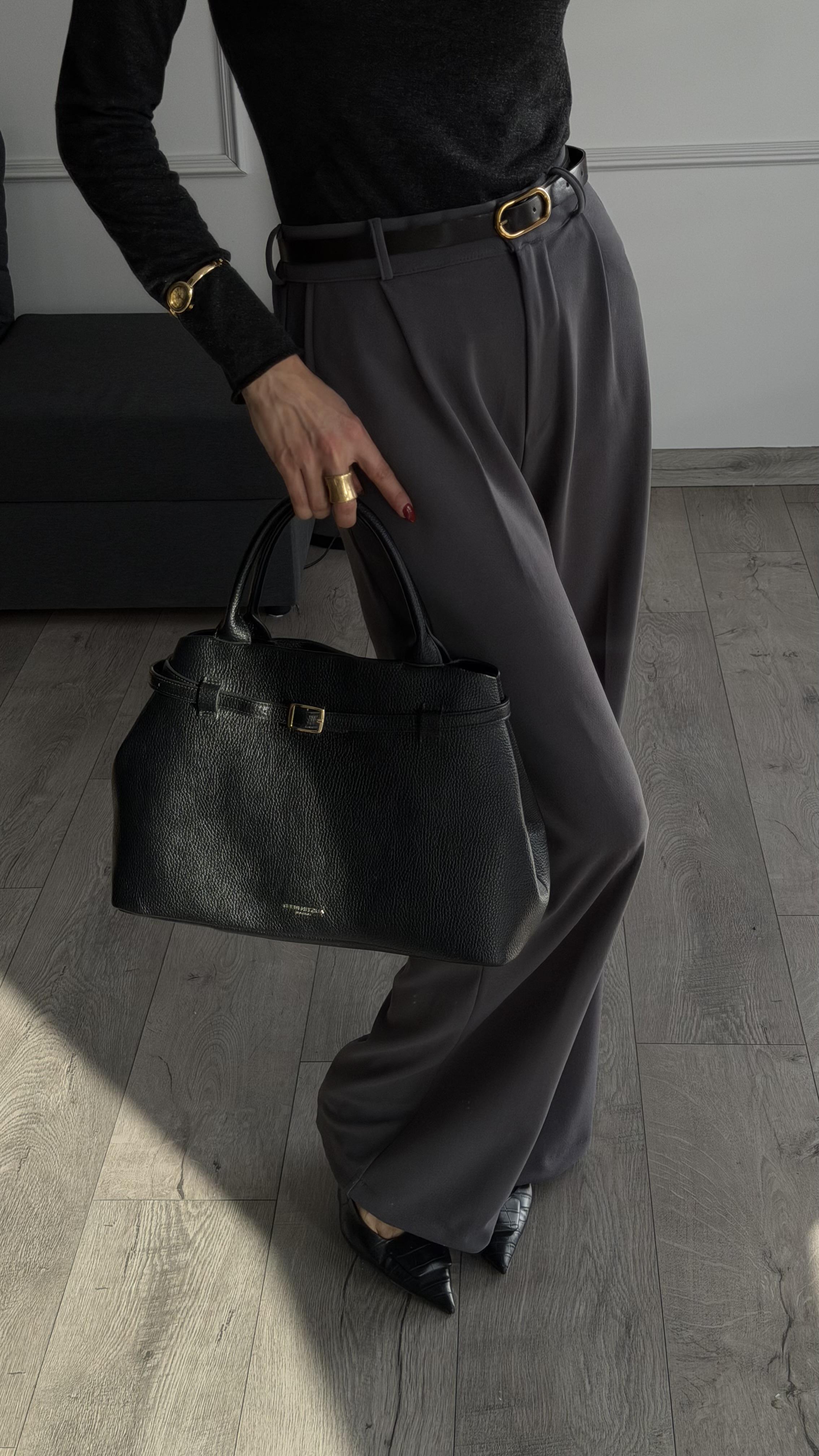 Füme Beli Lastikli Kemerli Bol Pantolon