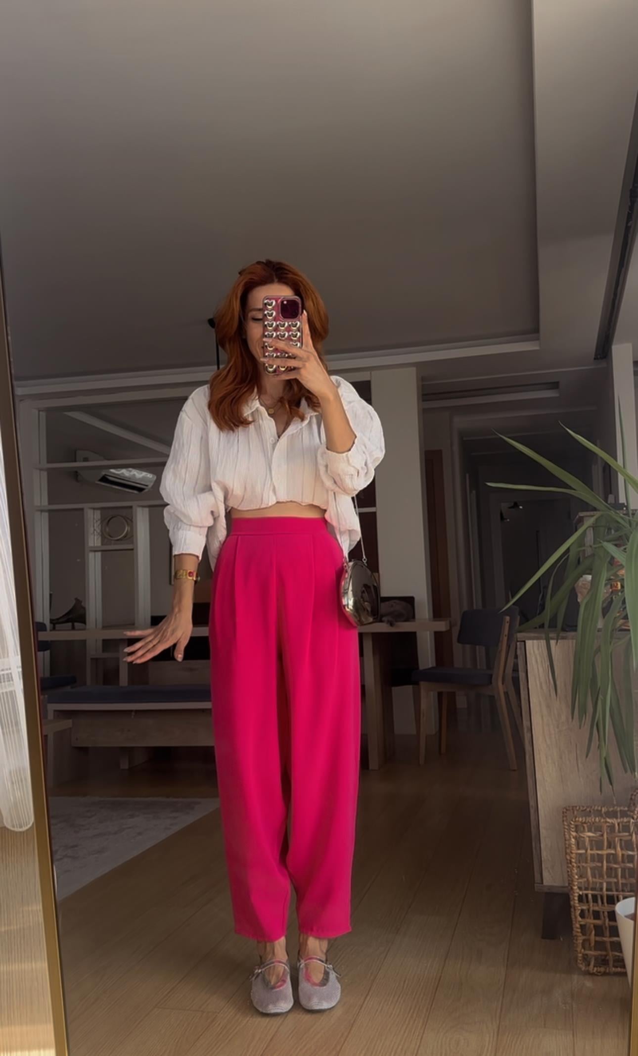 Fuşya Bel Lastikli Şalvar Pantolon