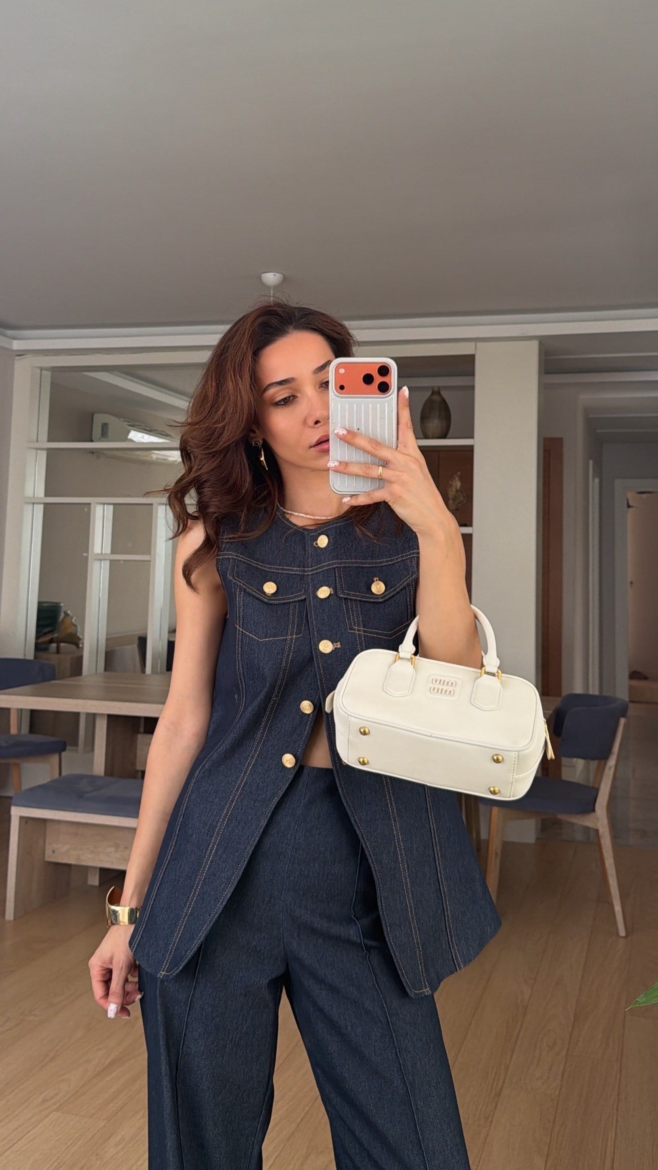 Gold Düğmeli Açık Lacivert Denim Takım 