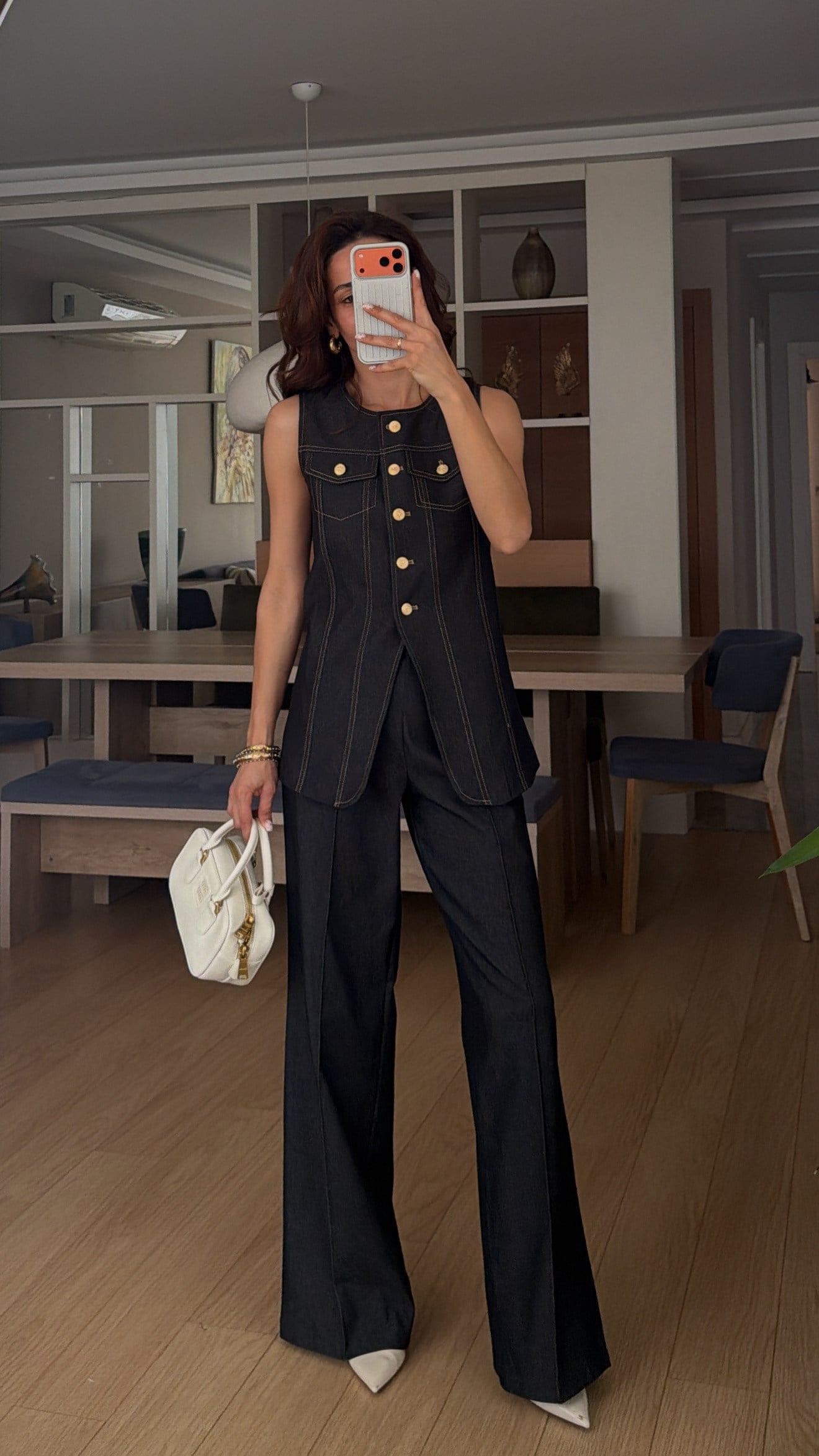 Gold Düğmeli Lacivert Denim Takım 
