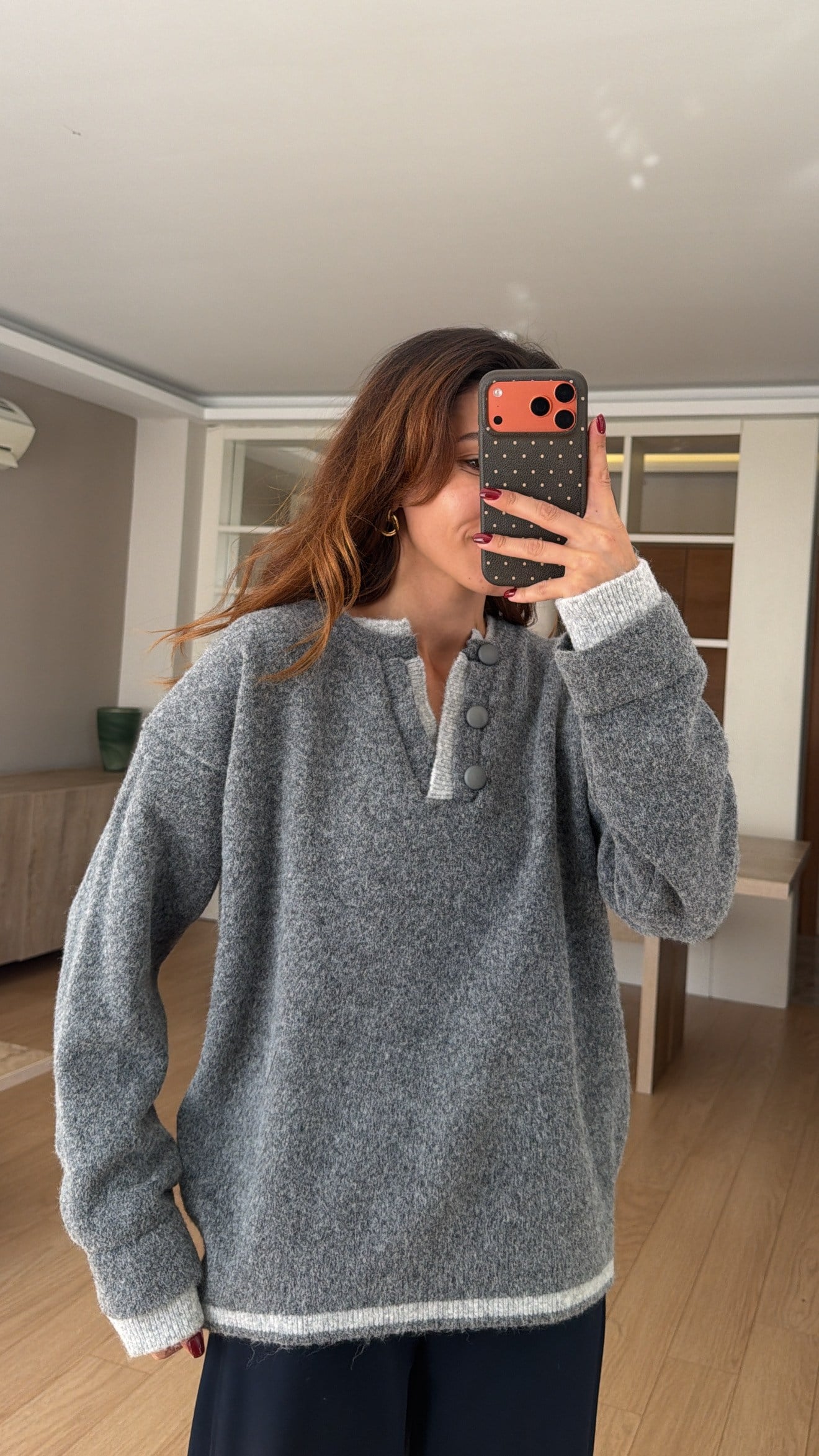Gri Henley Yaka Yün Karışım Düğmeli Triko  