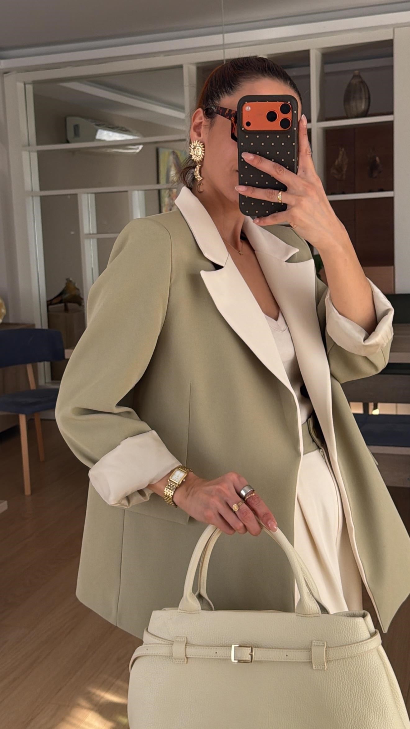 Haki Krem Geçişli Blazer Garnili Palazzo Takım Elbise 