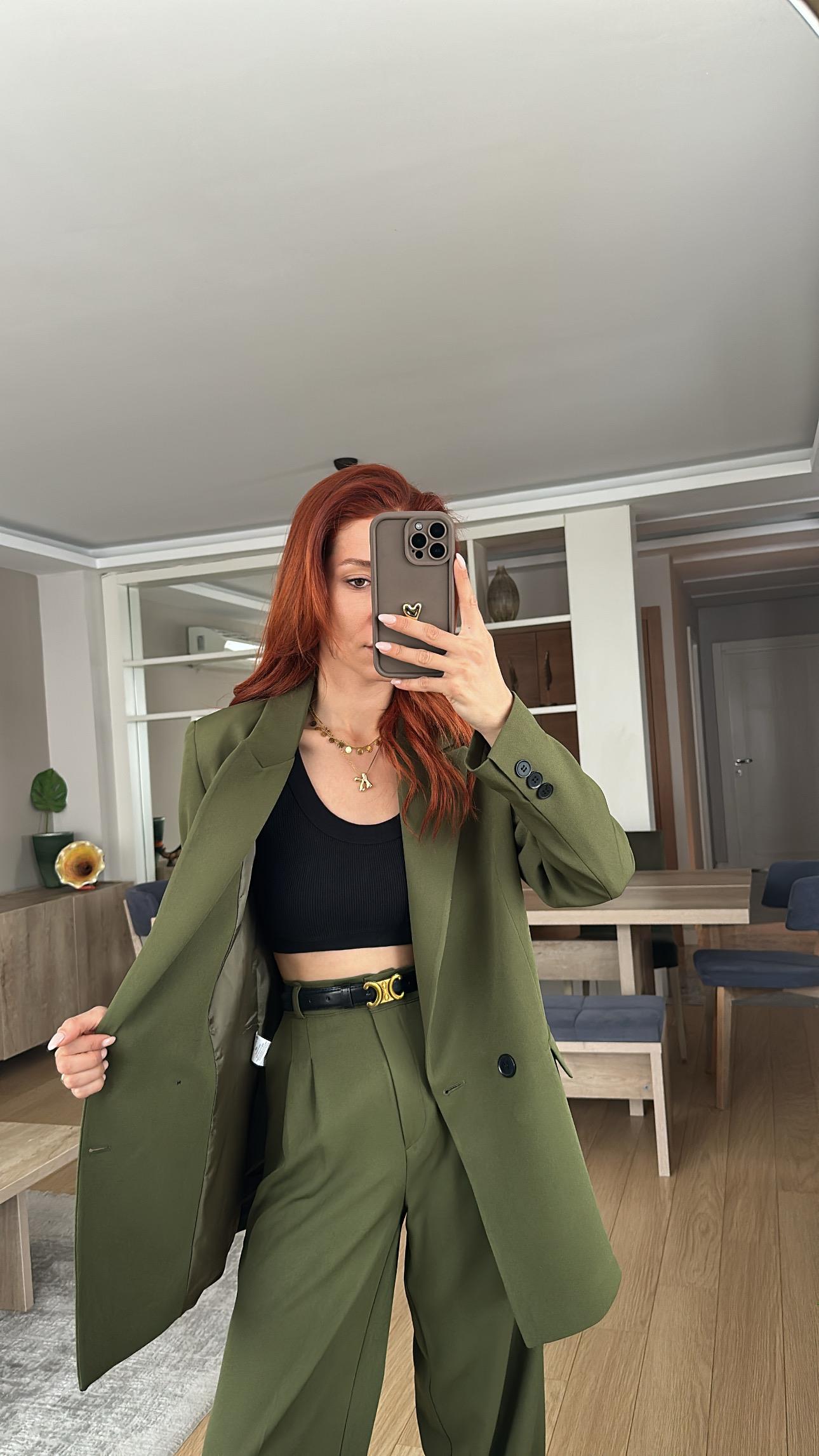 HAKİ YEŞİL  PİLE DETAY PALAZZO PANTOLON  OVERSİZE  ASTARLI CEKET TAKIM ELBİSE 