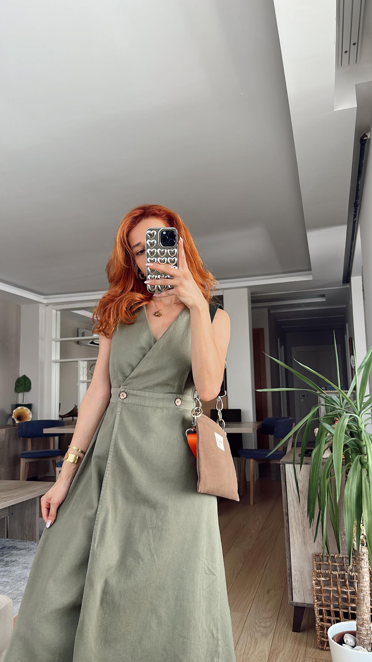 Haki Yıkamalı Keten Gabardin Kruvaze Elbise