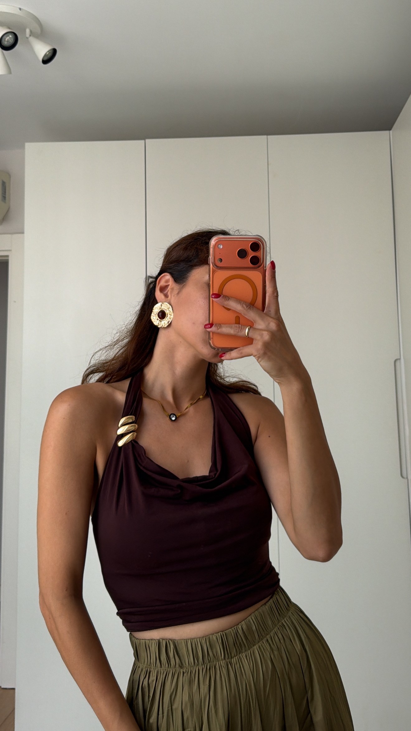 Kahve  Gold Taşlı Crop Bluz 