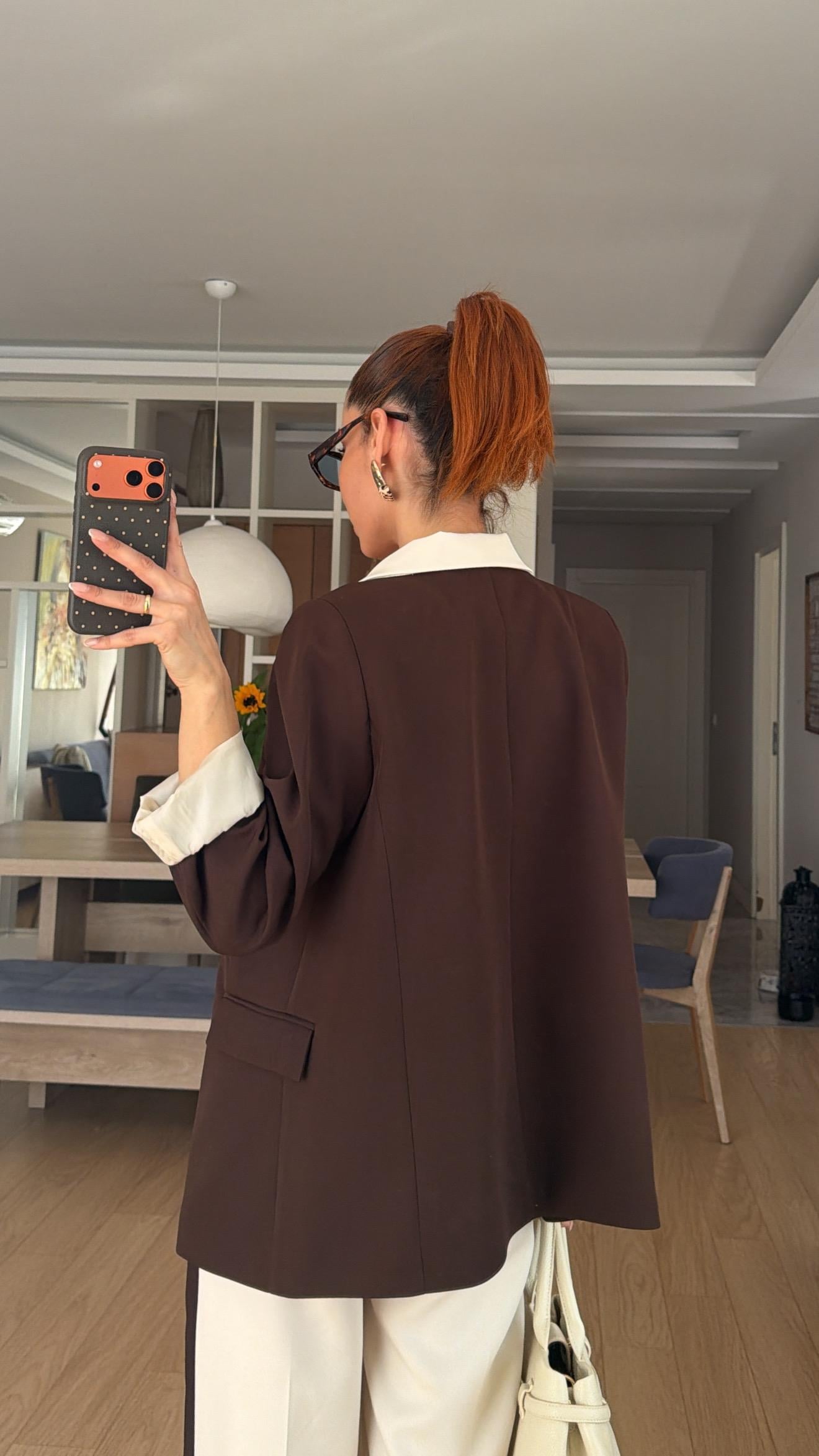 Kahve  Krem Geçişli Blazer Garnili Palazzo Takım Elbise 