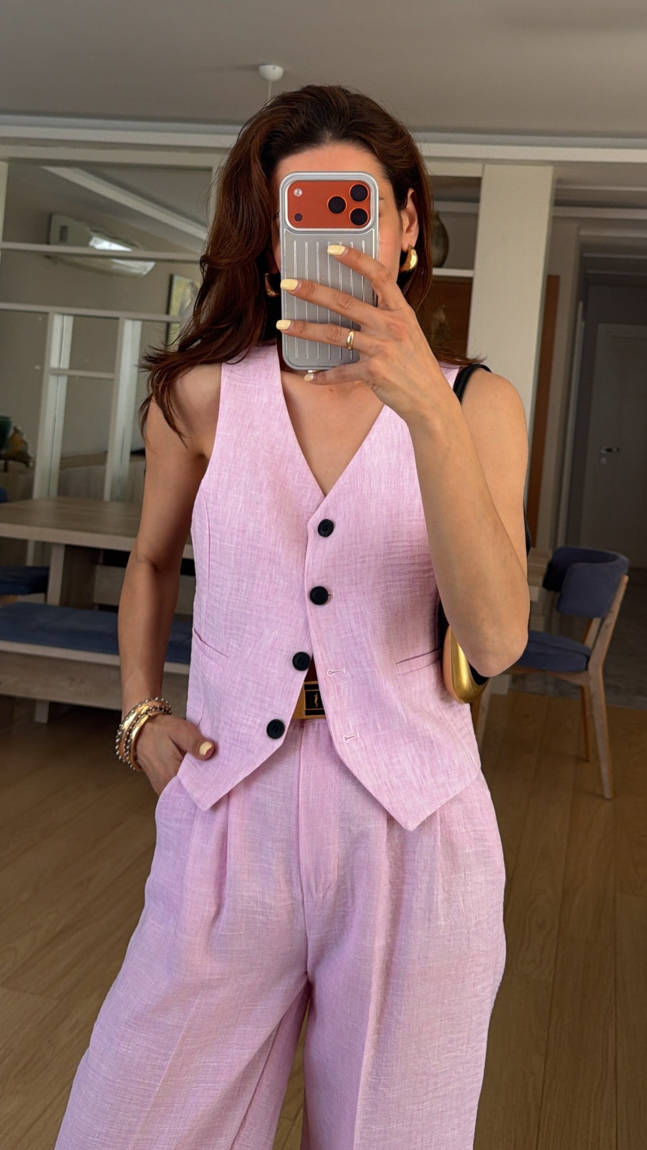 Keten Pembe Yelek Palazzo Pantolon Takım