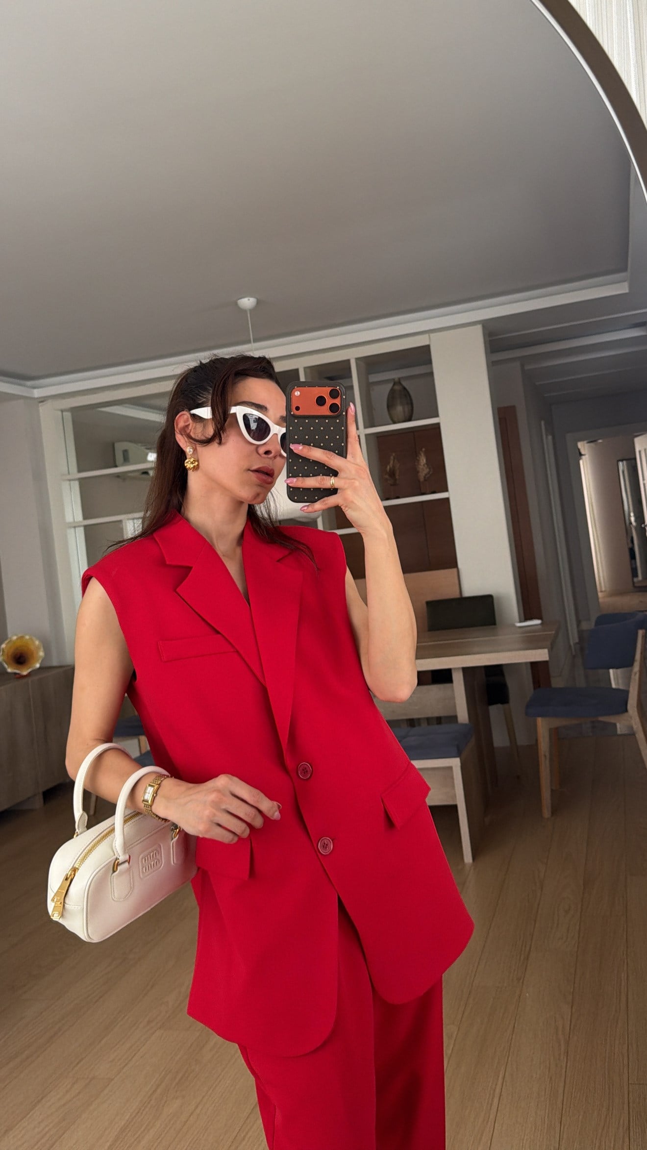 Kırmızı Kahve Uzun Vatkalı Yelek Havuç  Pantolon Takım 