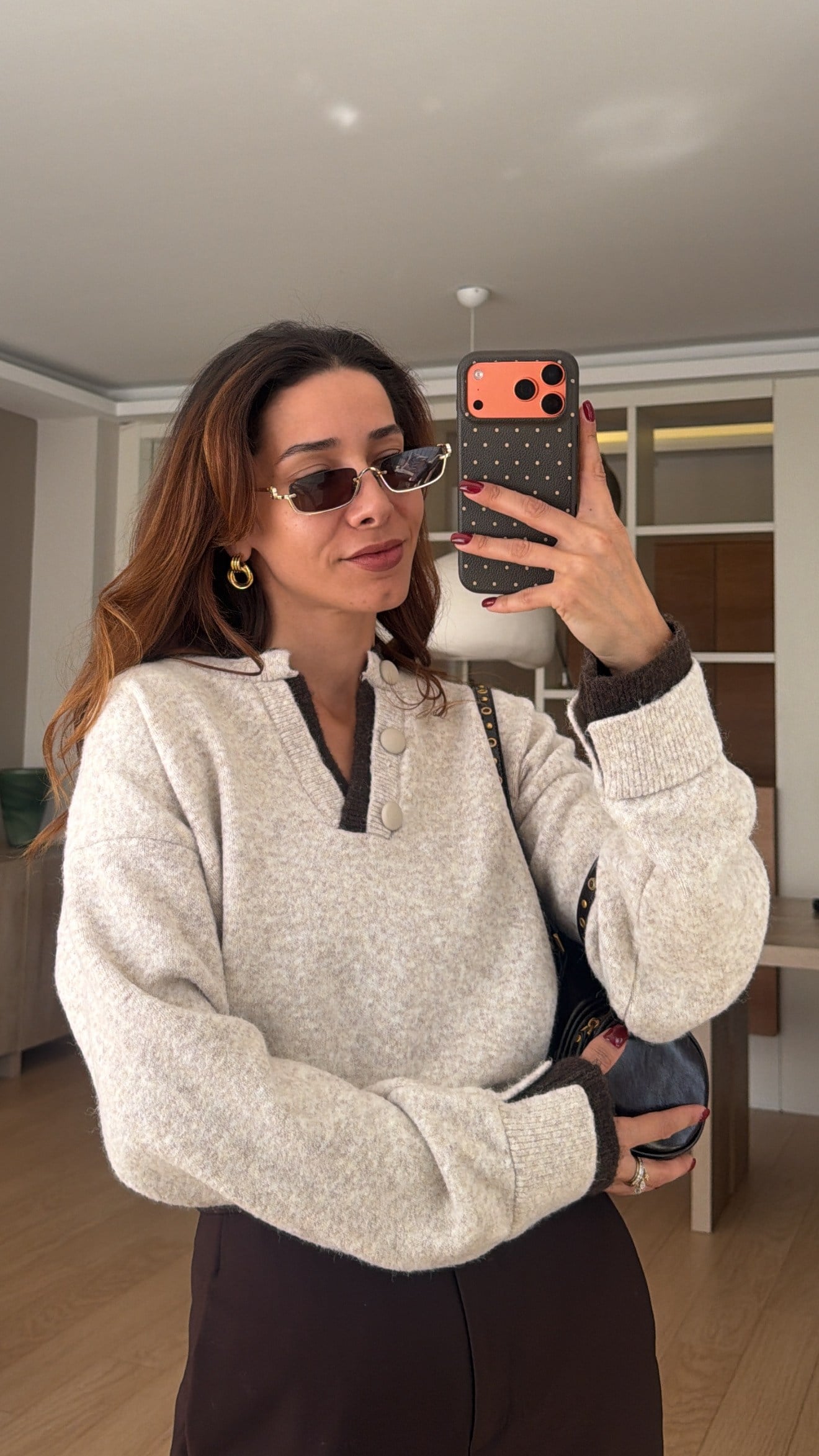 Krem Henley Yaka Yün Karışım Düğmeli Triko  