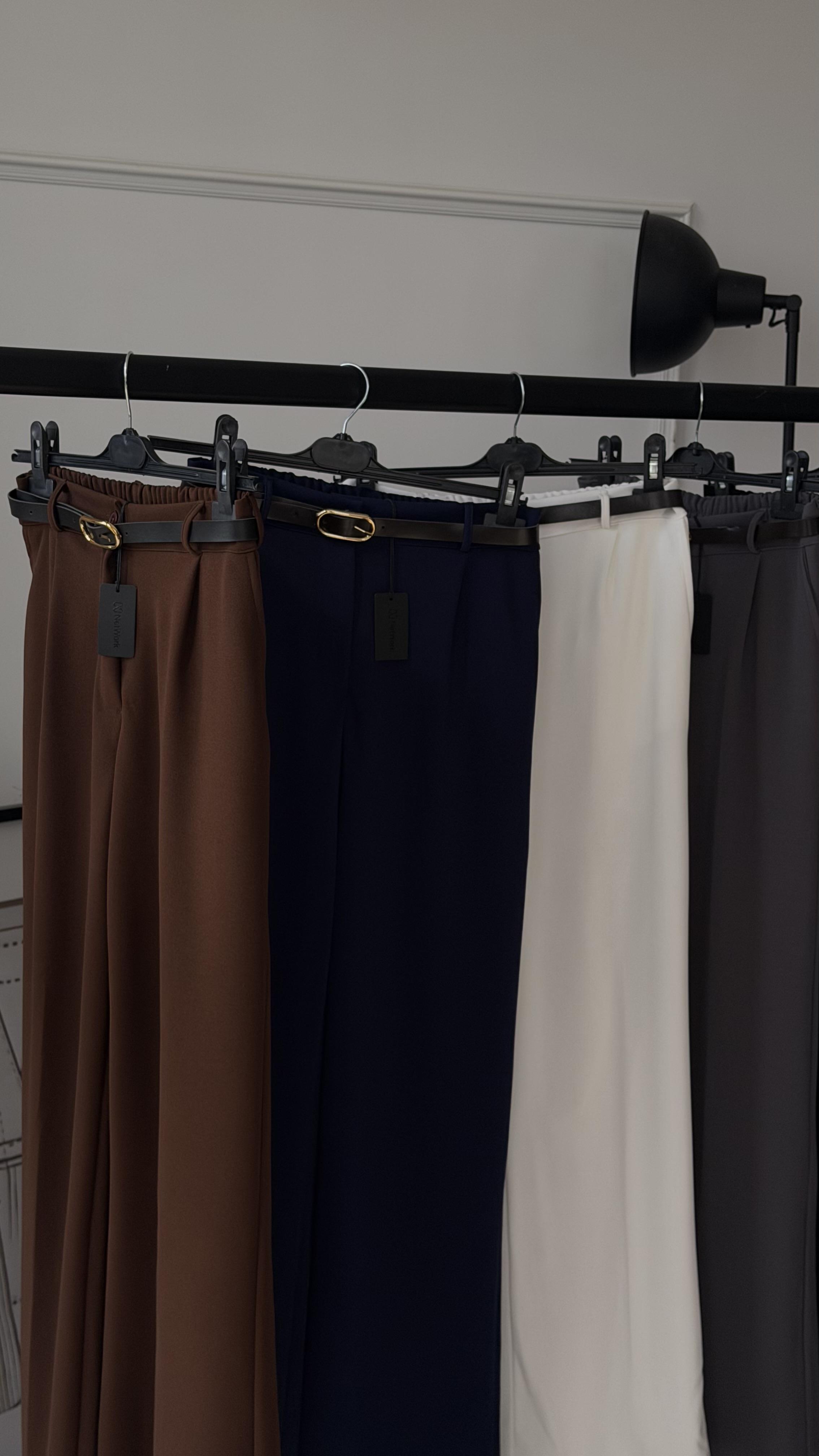 Lacivert Beli Lastikli Kemerli Bol Pantolon