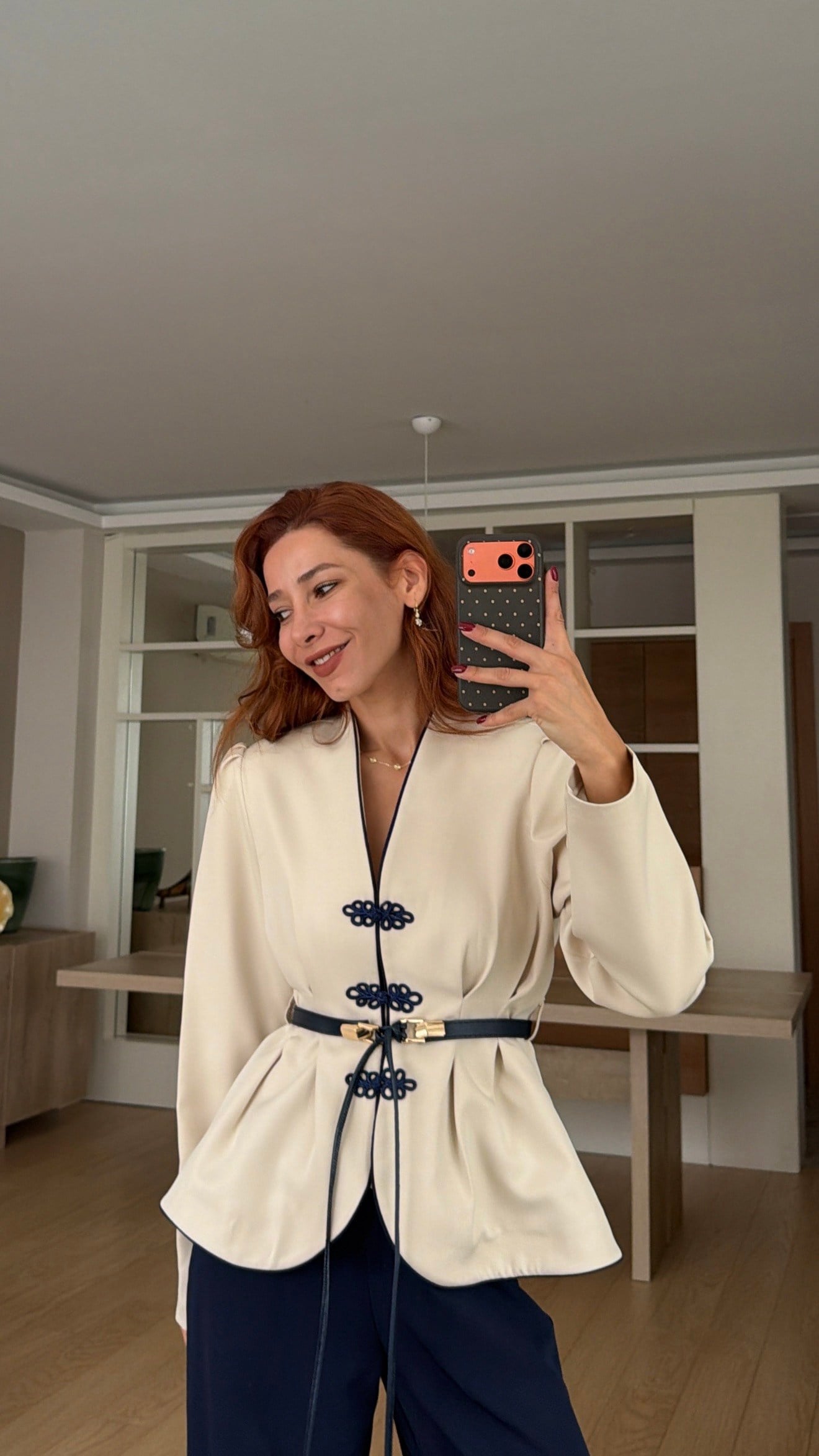 Lacivert Çin Düğme Kemerli Takım 