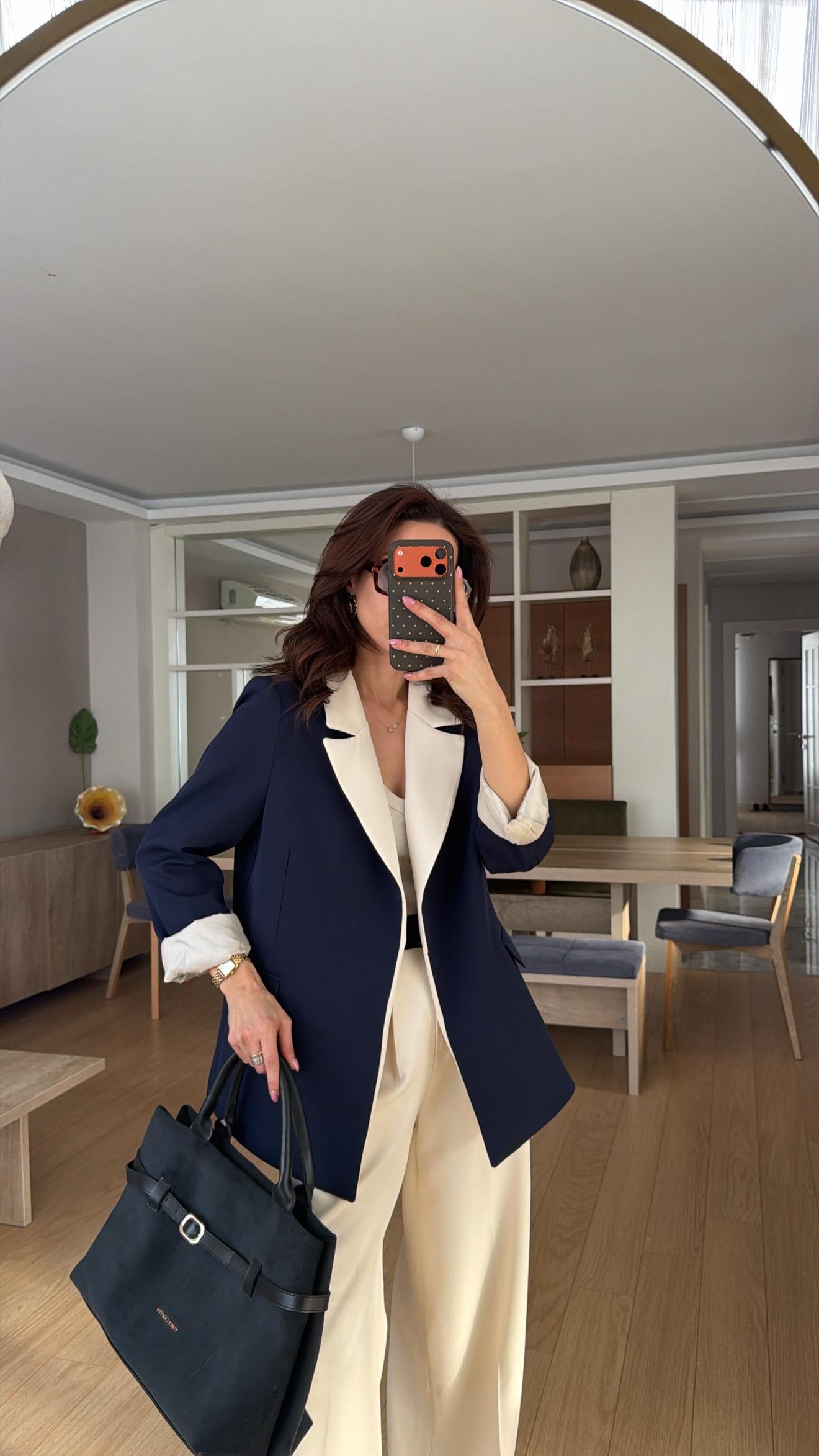 Lacivert Krem Geçişli Blazer Garnili Palazzo Takım Elbise 