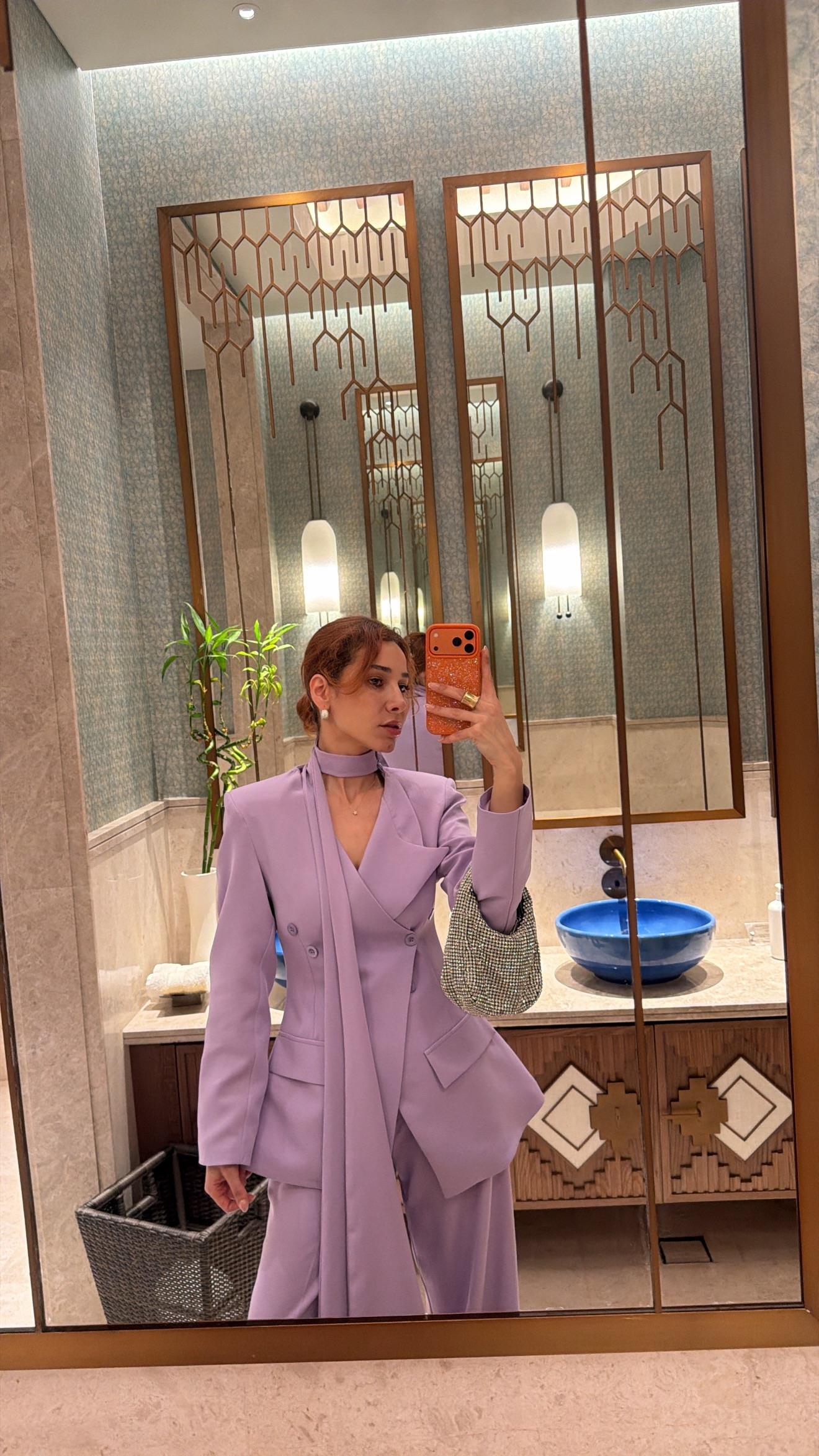 Lila Belden Oturtma Ceket Palazzo Takım Şal Aksesuarlı 