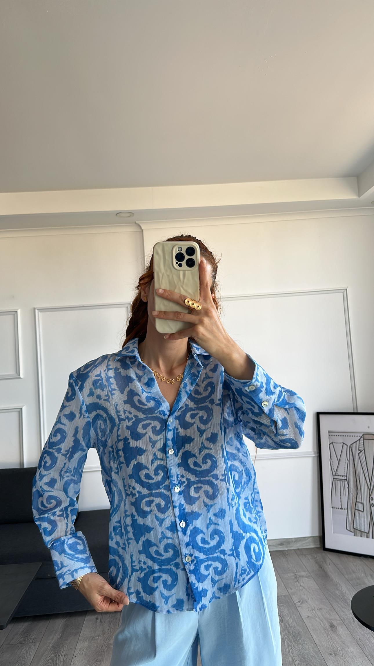 Mavi Keten Etnik Desen Gömlek 