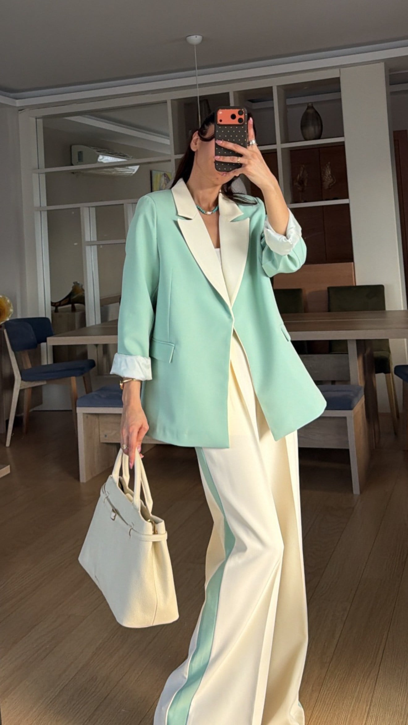 Mint Yeşili Krem Geçişli Blazer Garnili Palazzo Takım Elbise 