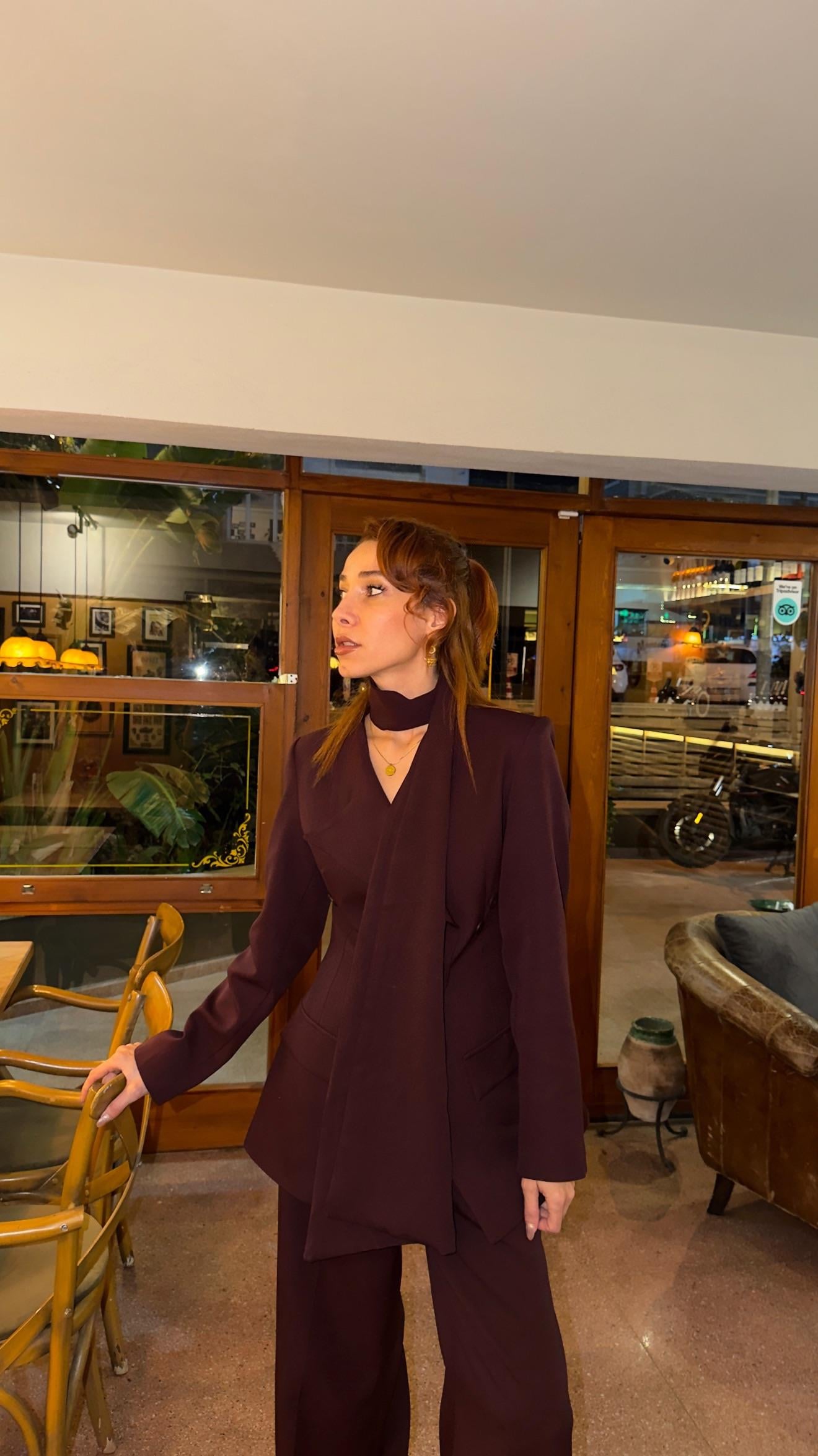 Mürdüm Belden Oturtma Ceket Palazzo Takım Şal Aksesuarlı 