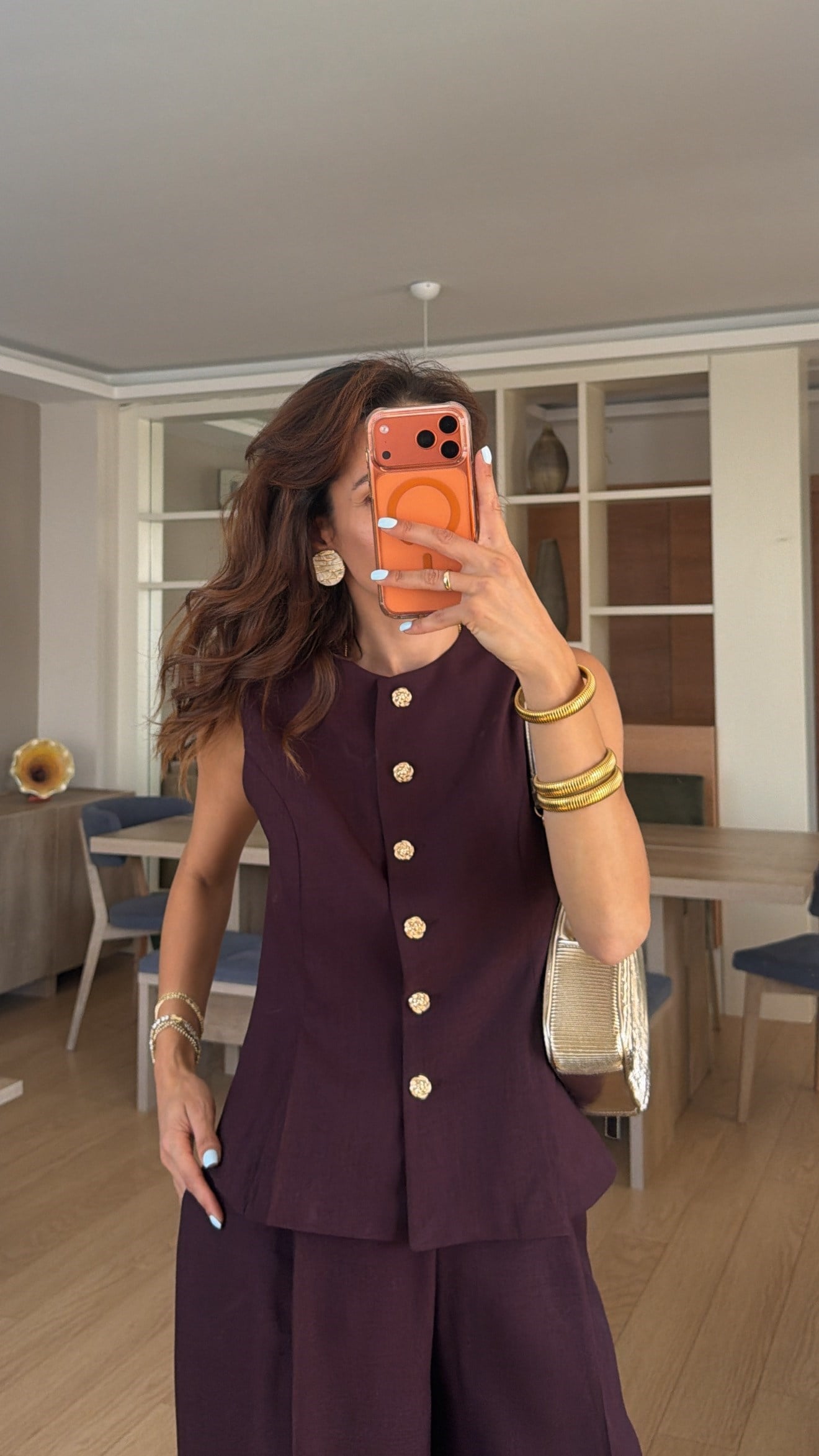 Mürdüm Gold Düğmeli  Yelek Pantolon Takım 