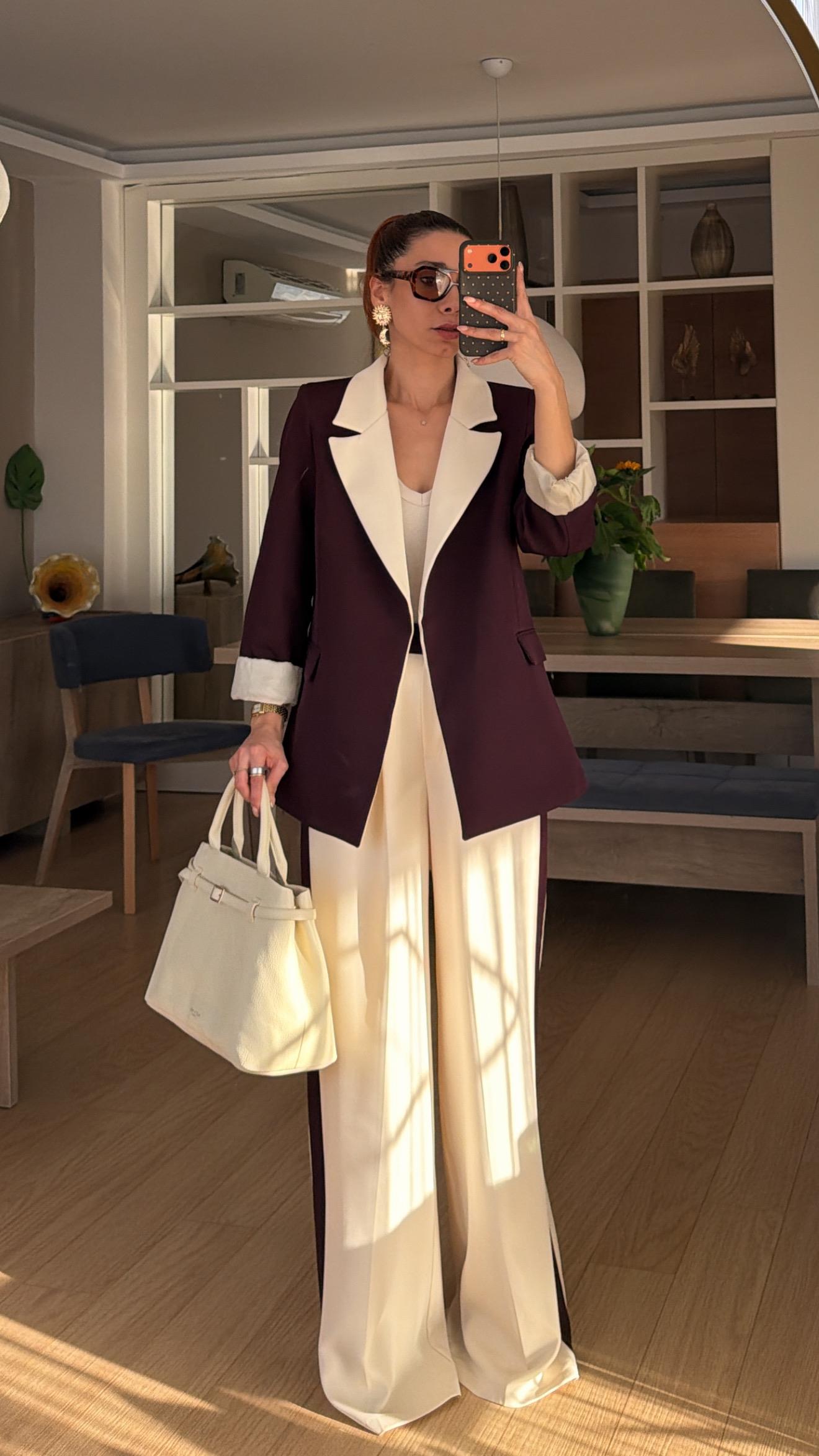 Mürdüm Krem Geçişli Blazer Garnili Palazzo Takım Elbise 