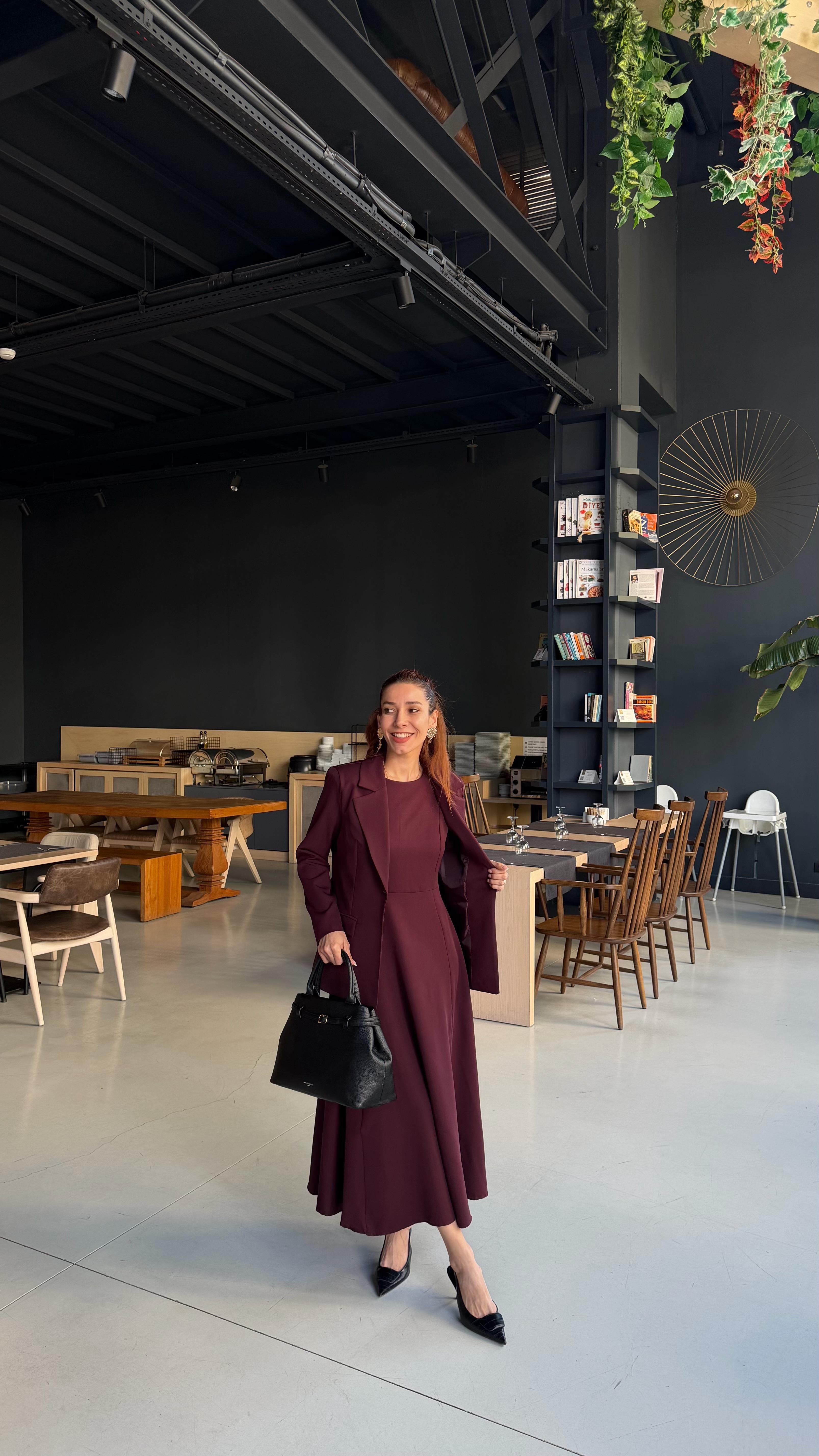 Mürdüm  Uzun Elbise Astarlı Blazer Ceket Takım 