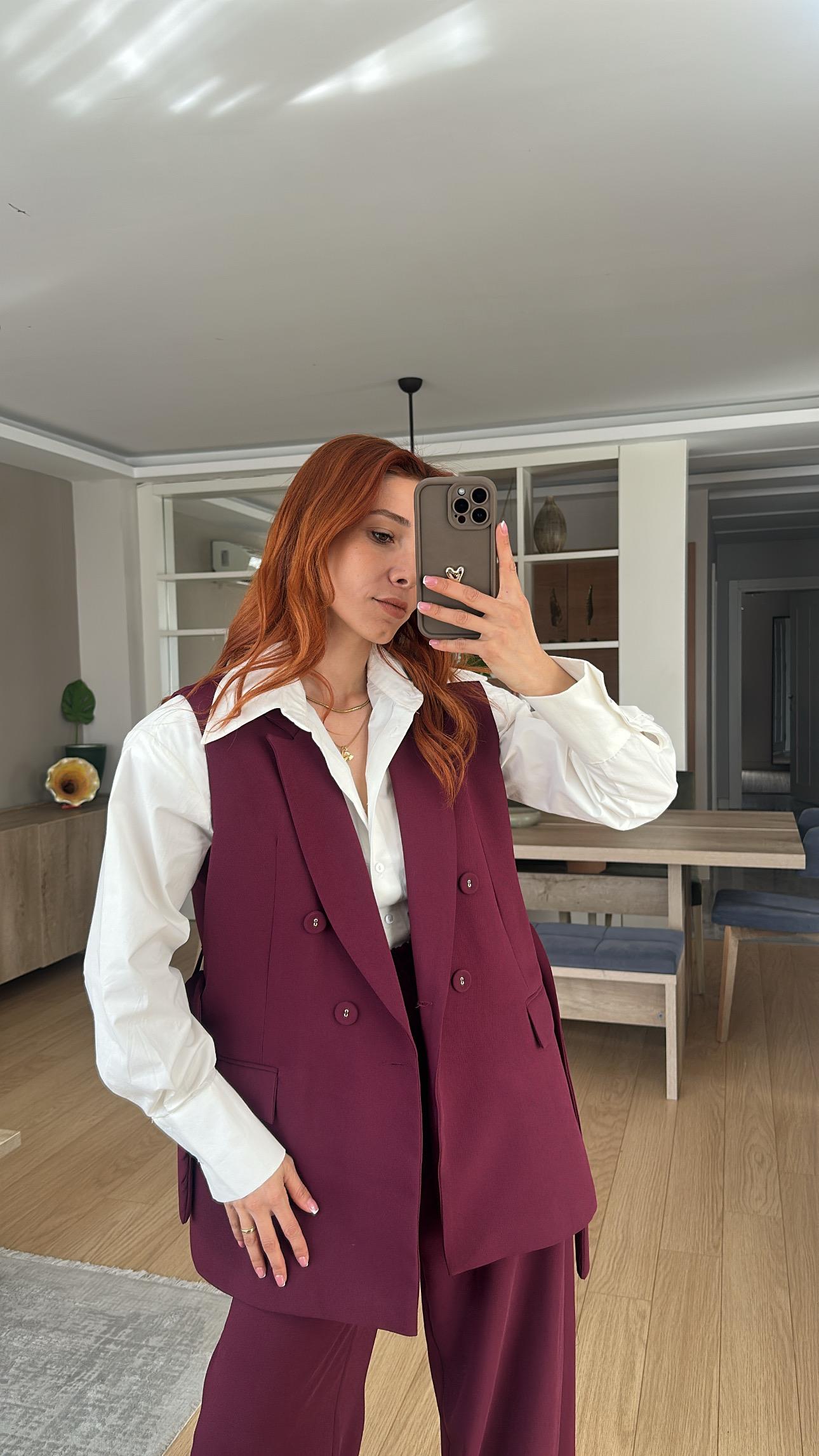 Mürdüm Uzun Kuşaklı Yelek Bel lastik Pantolon Takım 