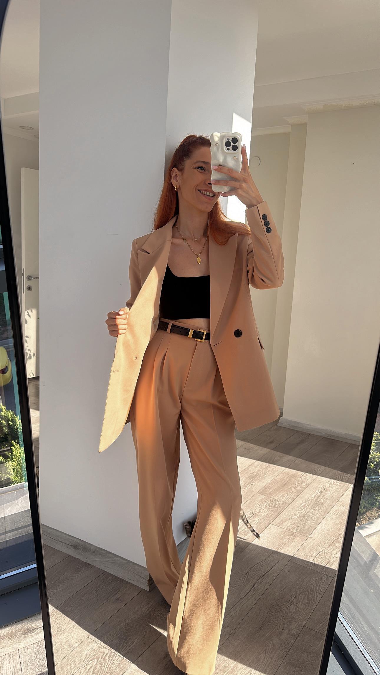 NUDE PİLE DETAY PALAZZO PANTOLON  OVERSİZE  ASTARLI CEKET TAKIM ELBİSE 