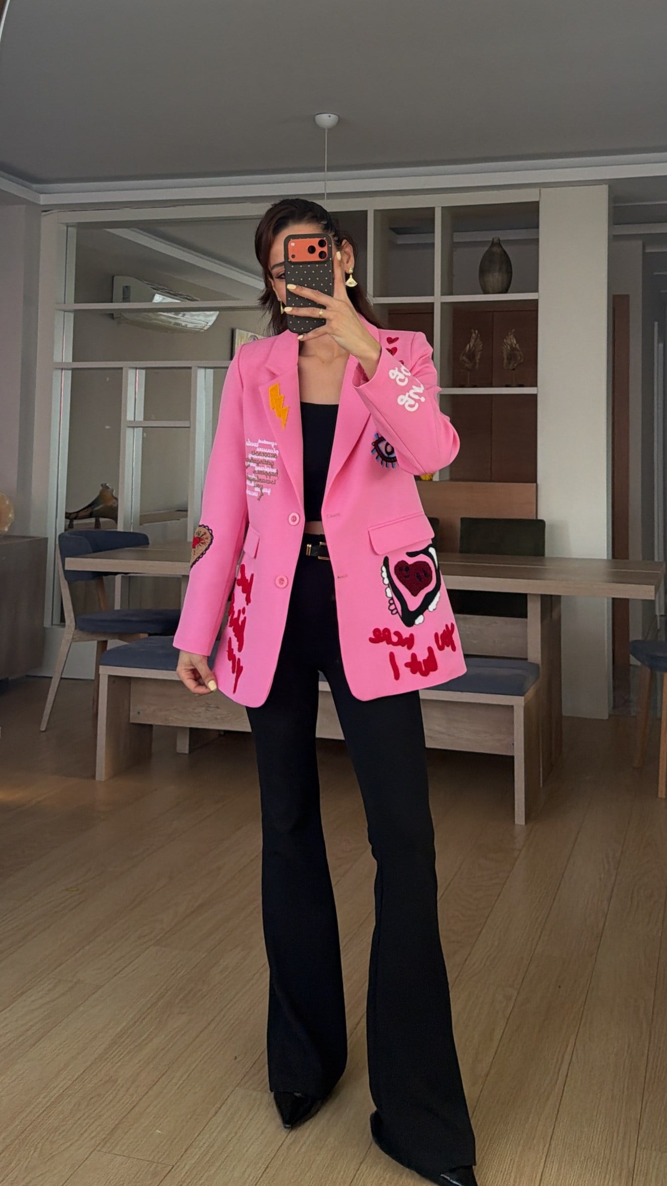 Pembe  Nakışlı Yazılı Tasarım Astarlı Blazer