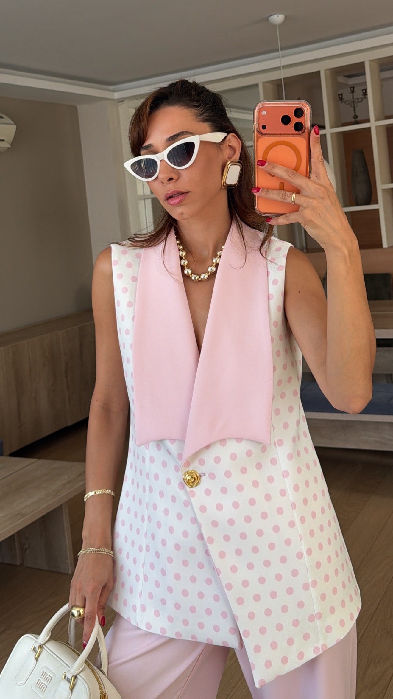 Pembe  Puantiyeli Gold Düğmeli Yelek Palazzo Takım 