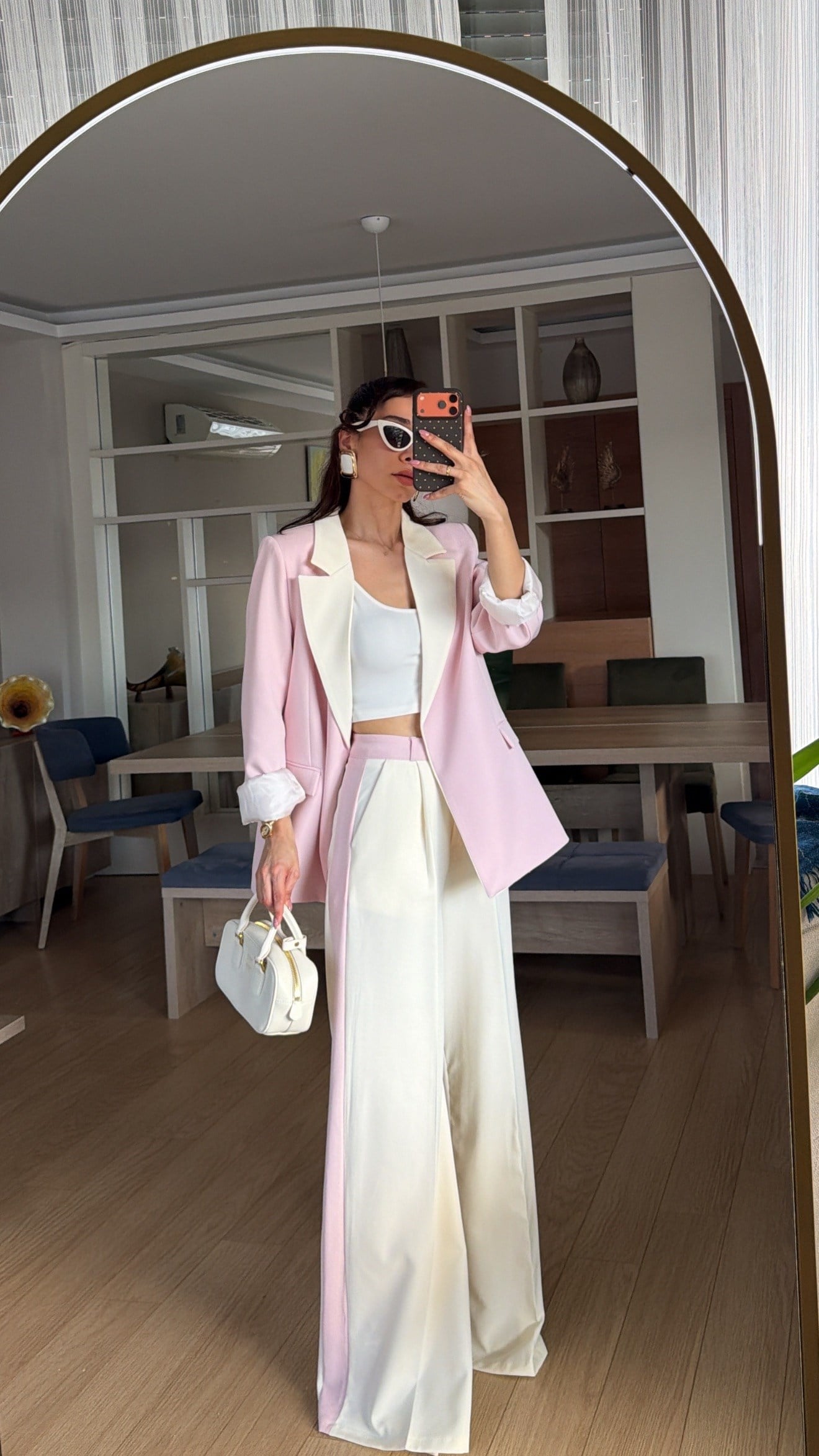 Pudra Krem Geçişli Blazer Garnili Palazzo Takım Elbise 
