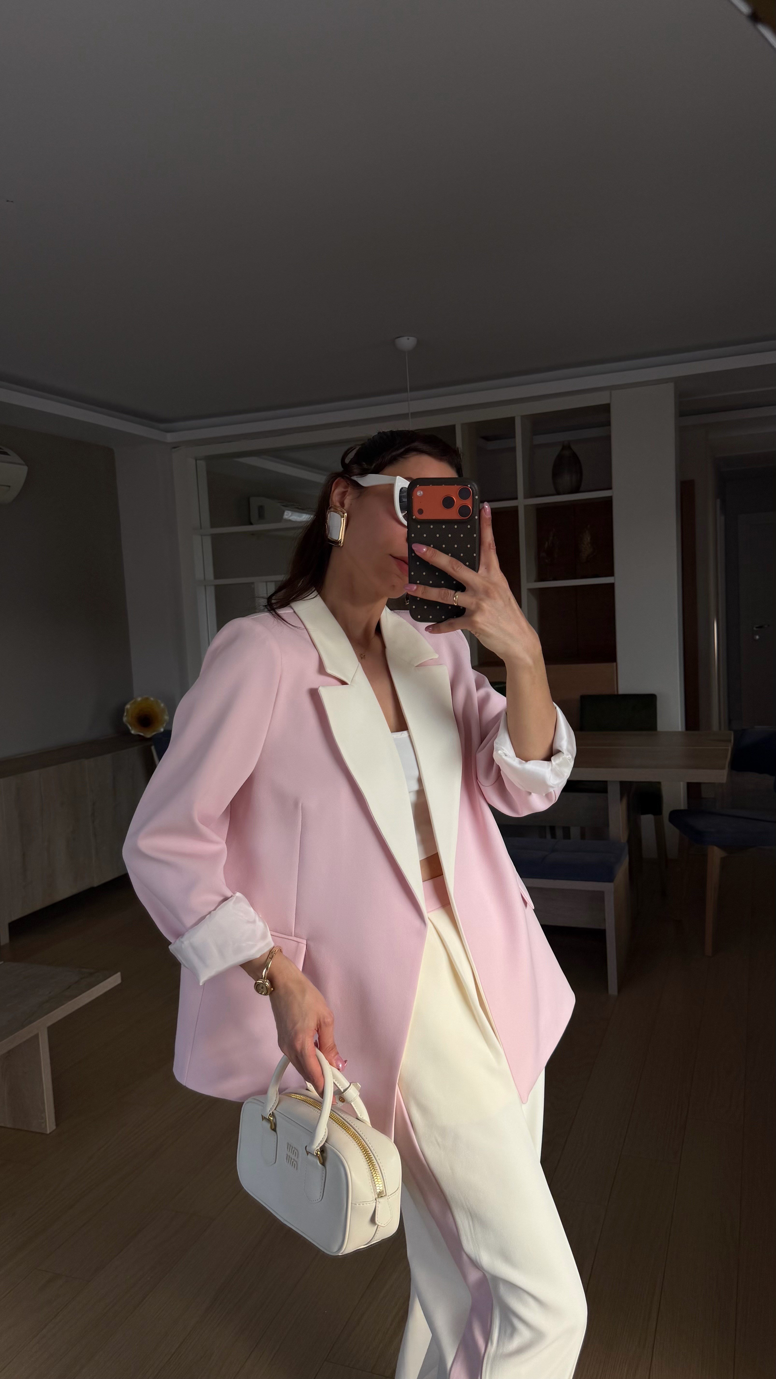 Pudra Krem Geçişli Blazer Garnili Palazzo Takım Elbise 