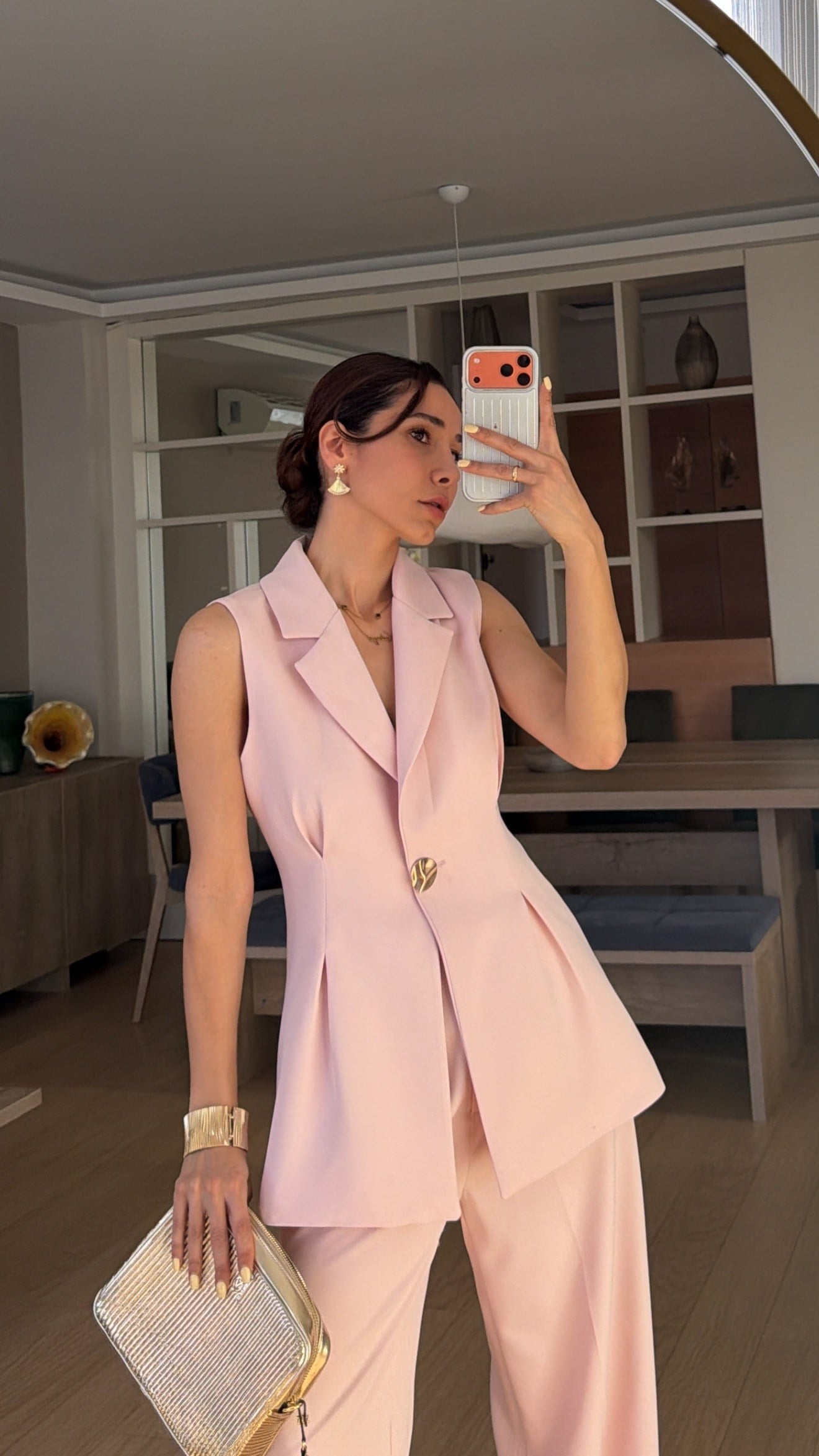 Pudra Pembe Gold Düğmeli Belden Oturtma  Uzun Yelek Takım 