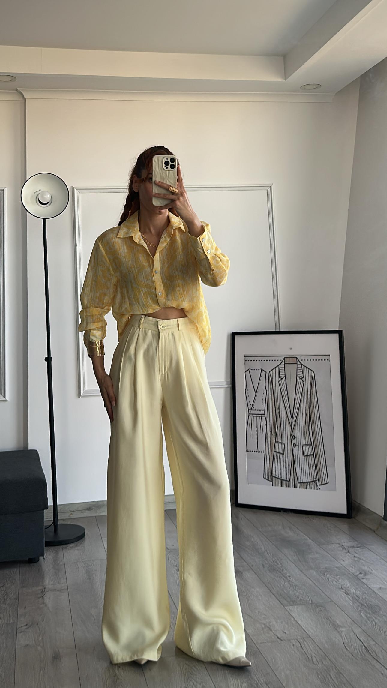 Sarı Keten Etnik Desen Gömlek 