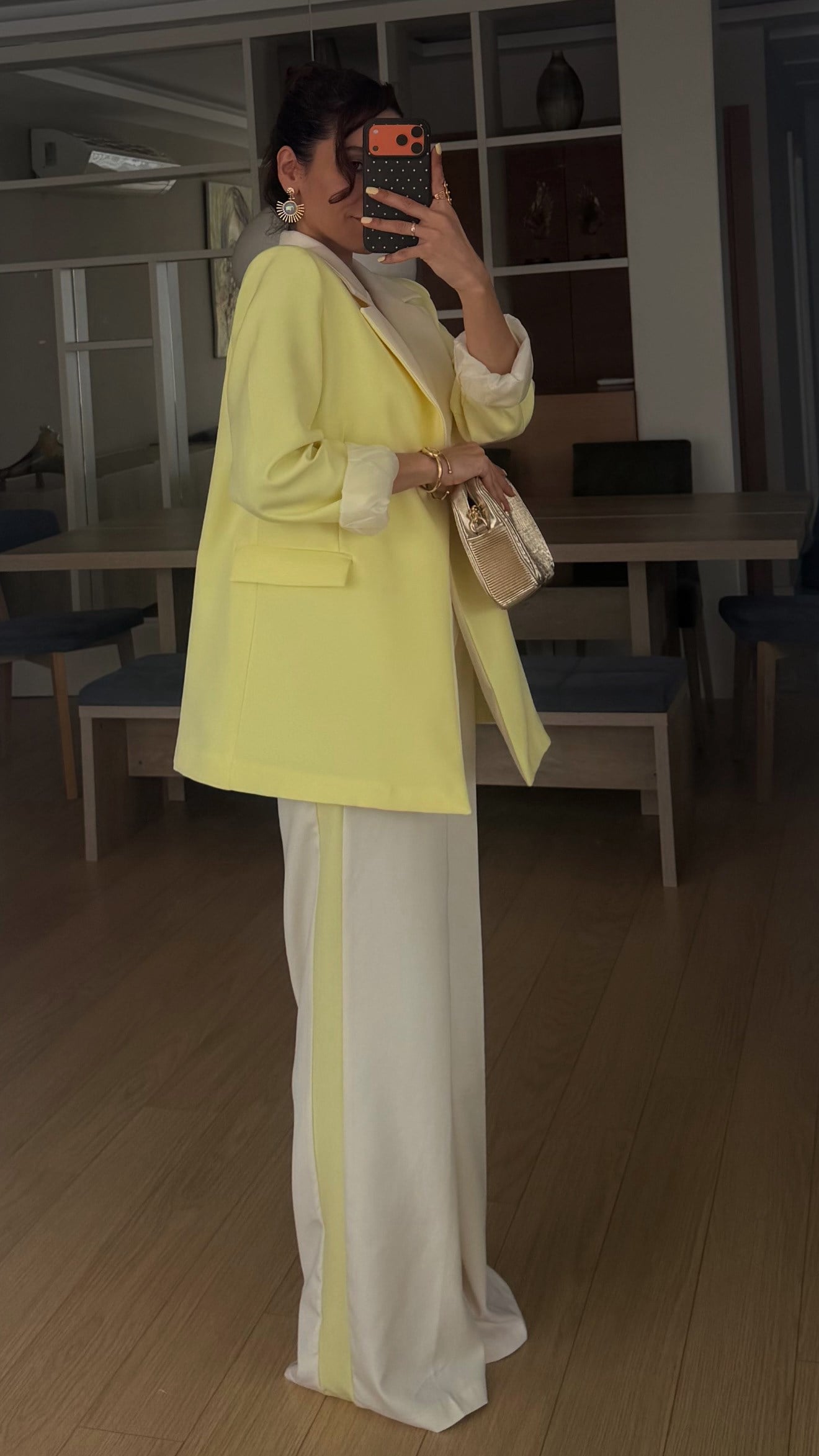 Sarı Krem Geçişli Garnili Palazzo Takım Elbise 