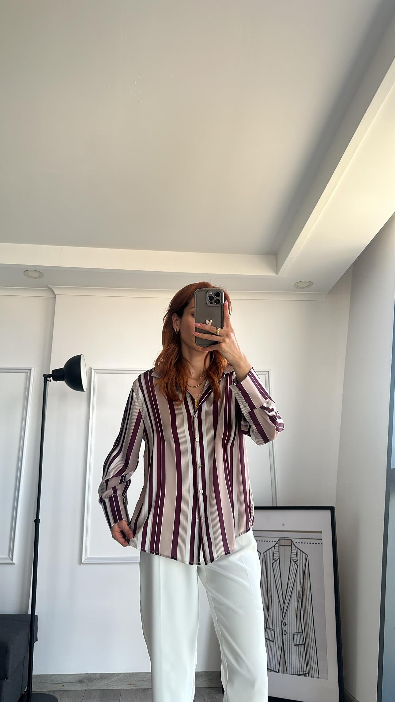 Saten  Bordo Çizgili  Gömlek 