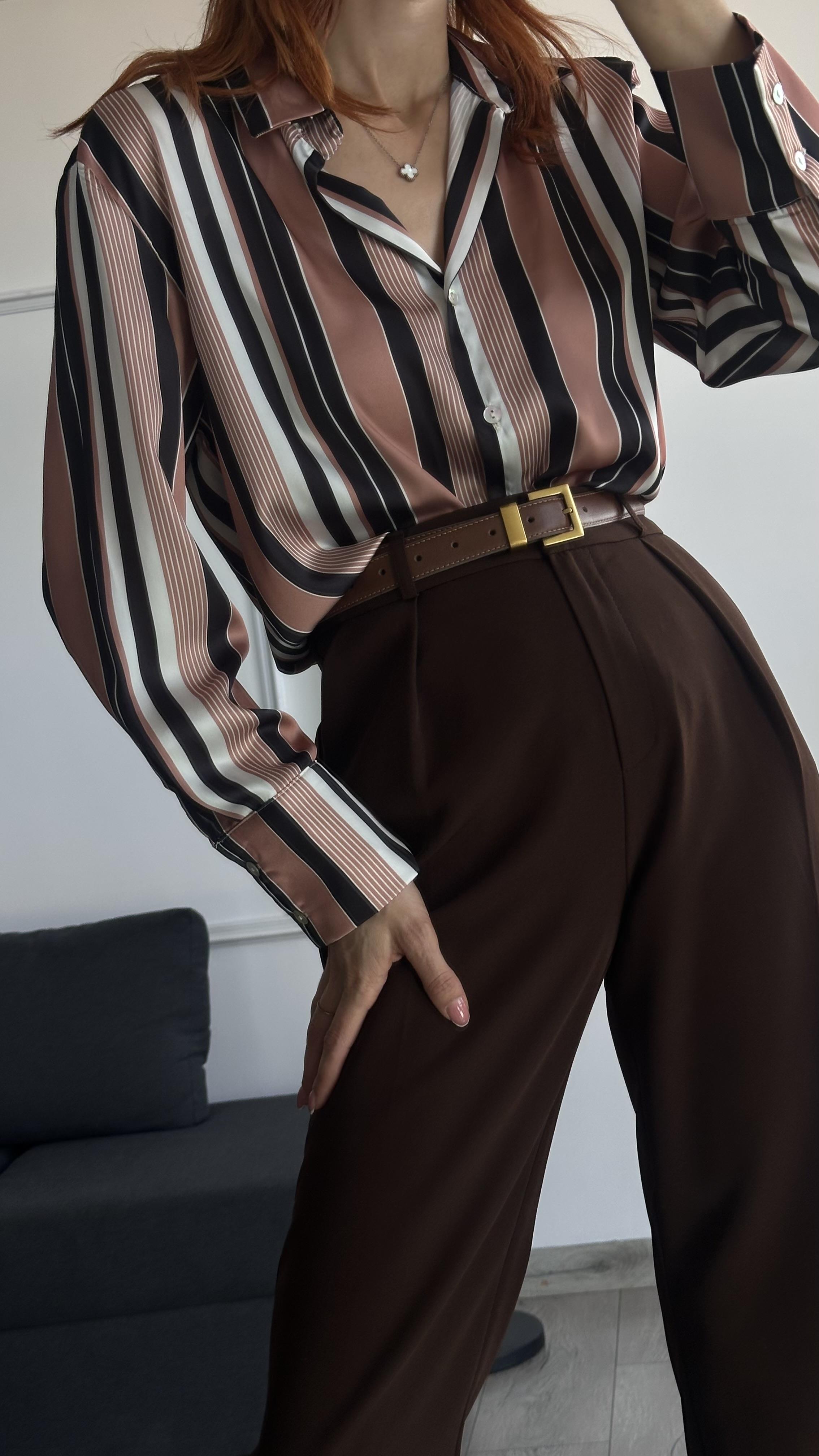 Saten Kahve  Çizgili  Gömlek 