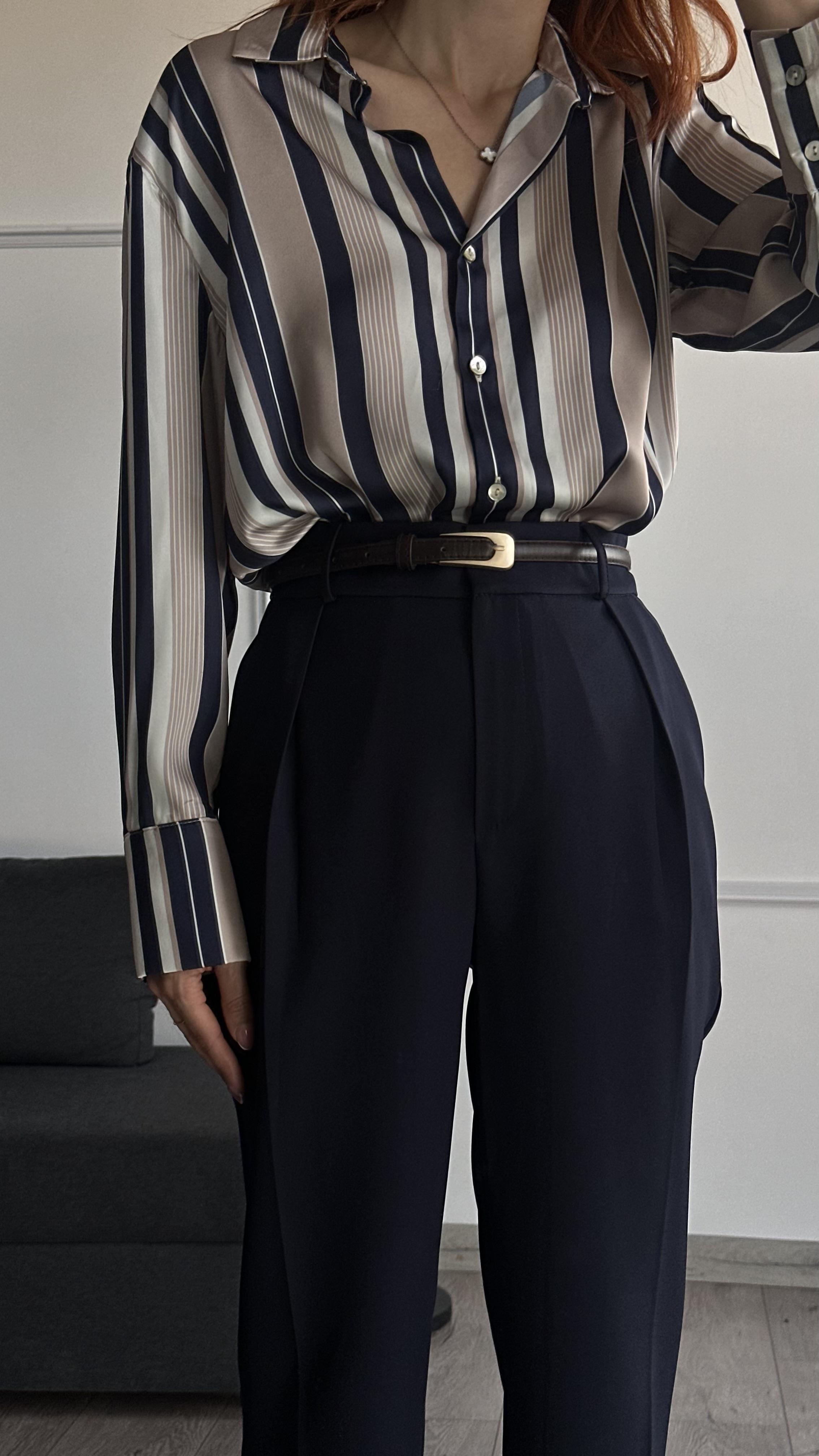 Saten Lacivert  Çizgili  Gömlek 