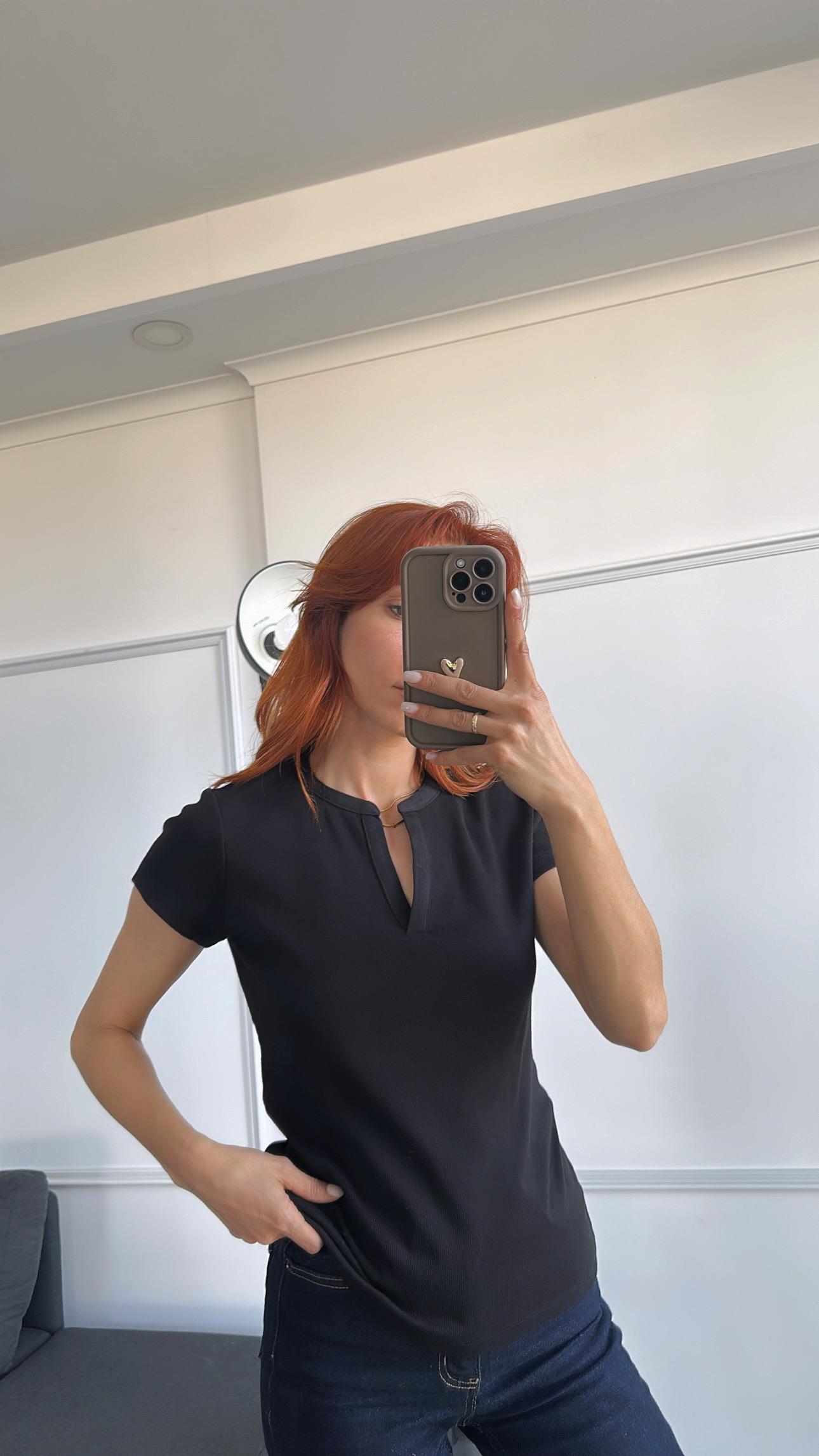 Siyah Damla Yaka Cotton Tshirt