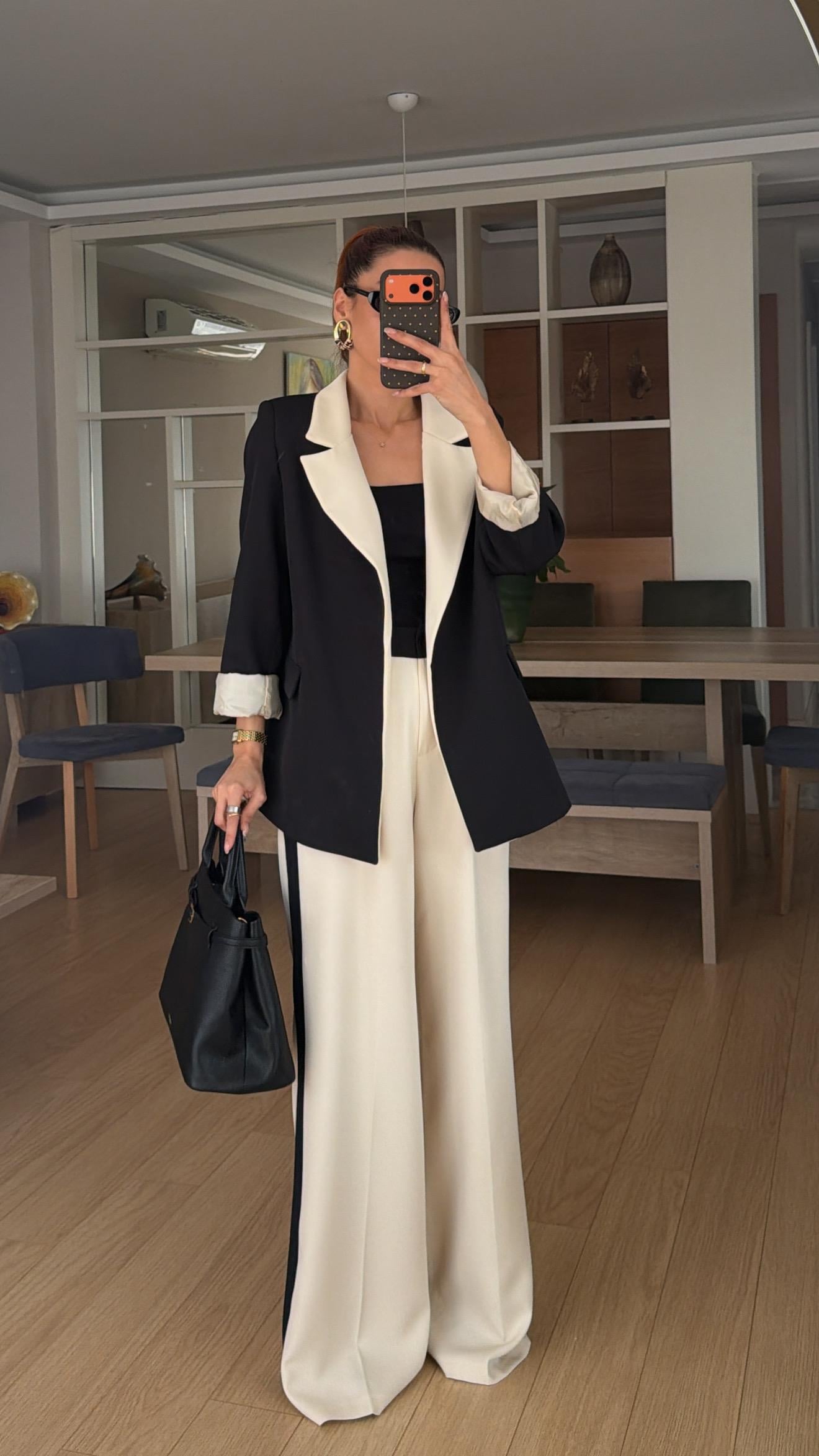 Siyah  Krem Geçişli Blazer Garnili Palazzo Takım Elbise 