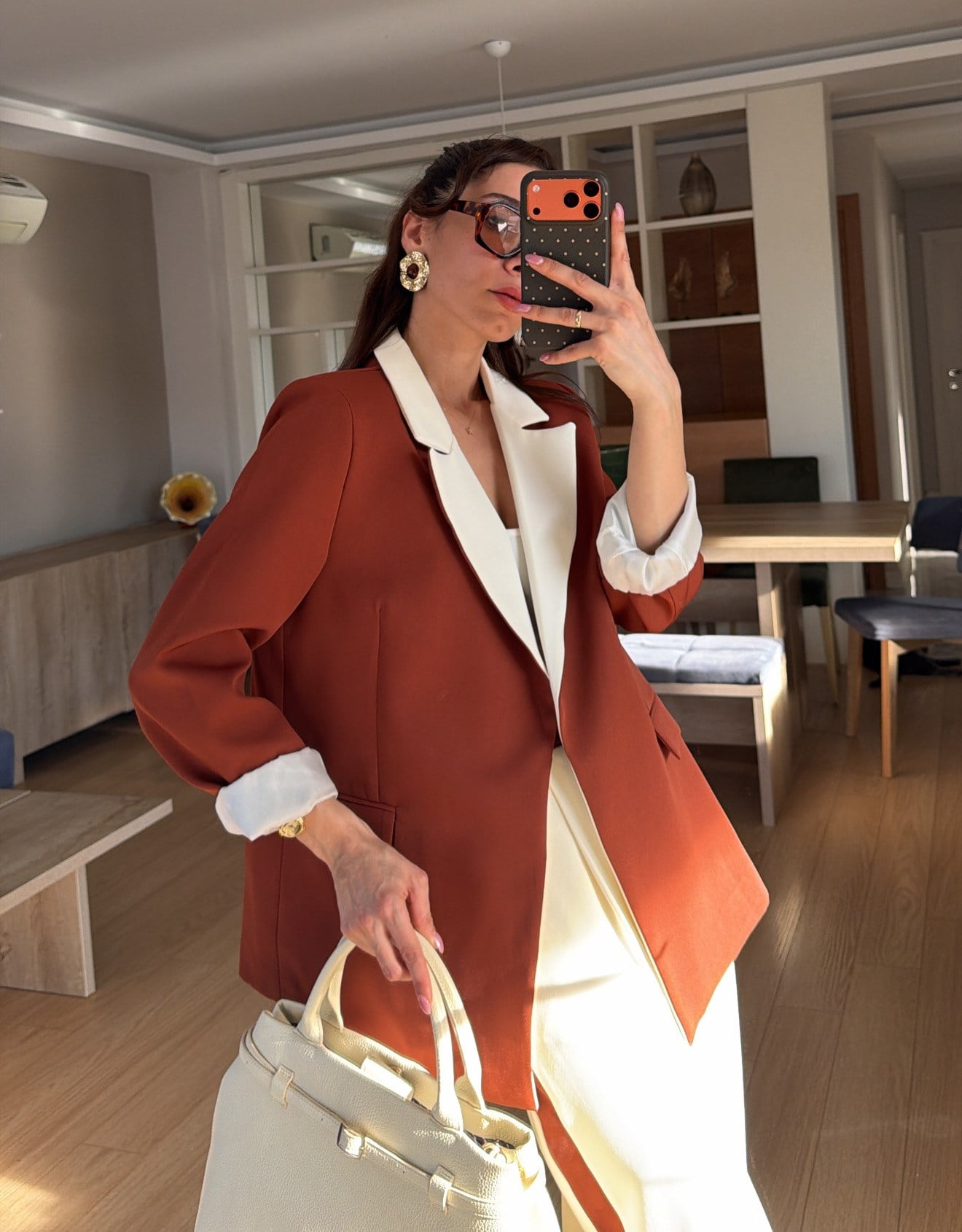 Tarçın Krem Geçişli Blazer Garnili Palazzo Takım Elbise 