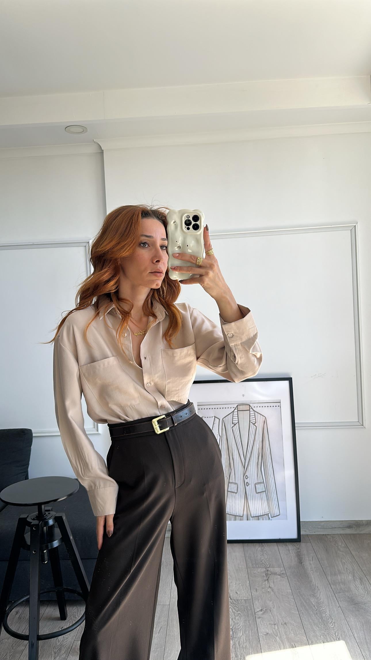 Tensel  Kumaş Dökümlü Bej Gömlek 