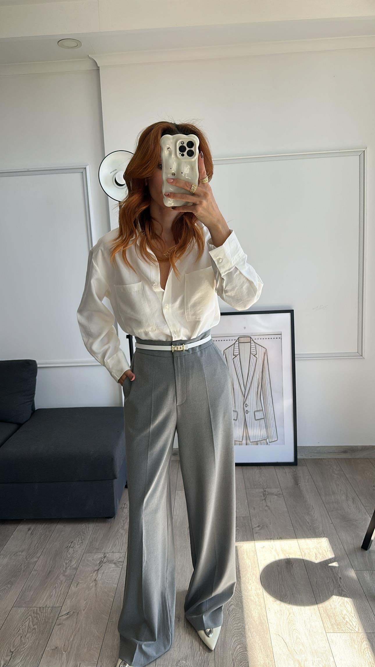 Tensel  Kumaş Dökümlü Beyaz Gömlek 