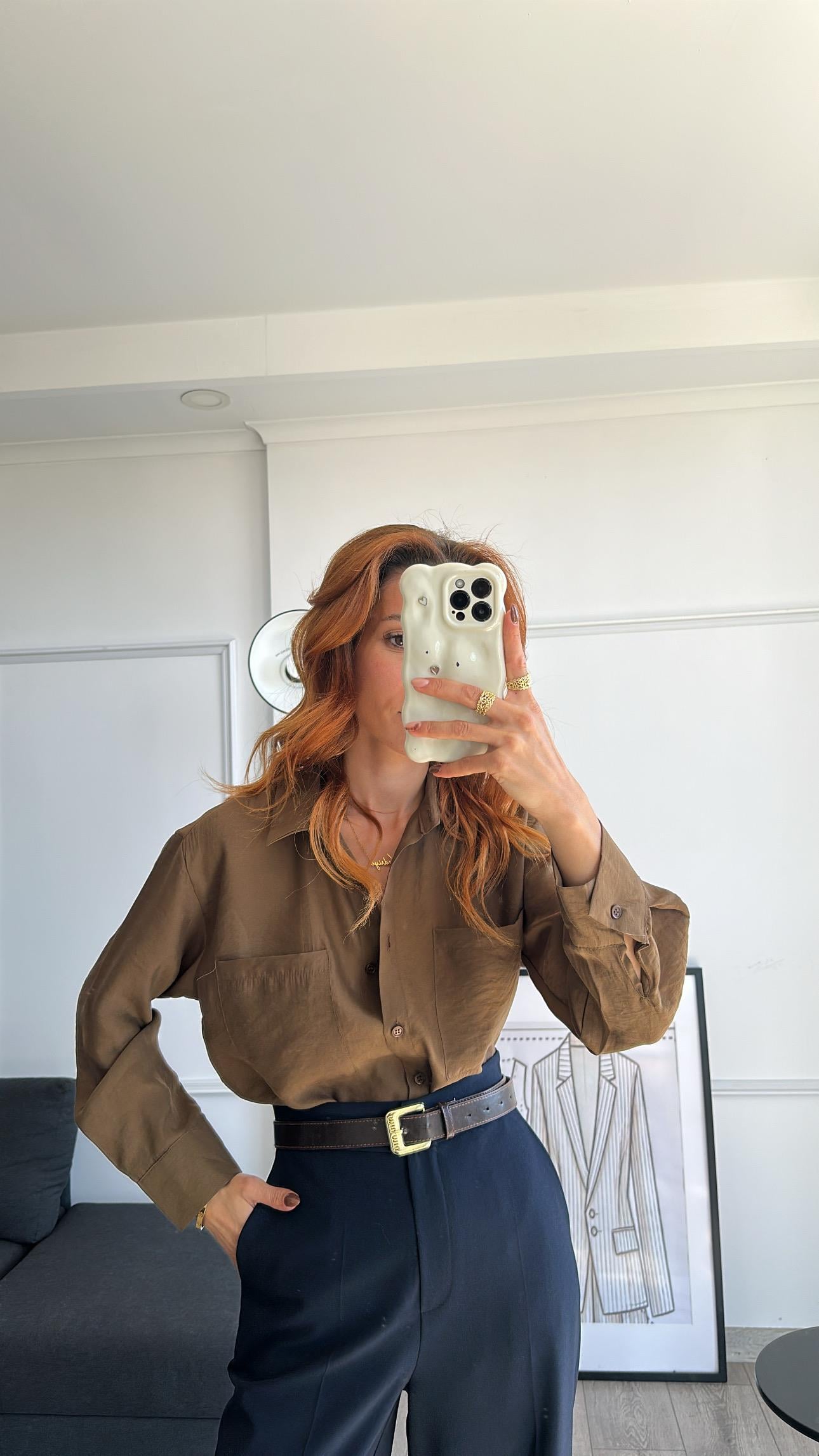 Tensel  Kumaş Dökümlü Haki Gömlek 